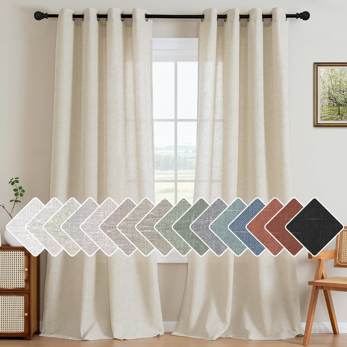 H.VERSAILTEX Natural Linen Grommet Curtains 84 Inch Length for Living Room 2 Panel Drape Semi Sheer Neutral Country Rustic Farmhouse Boho Curtain Bedroom Muslin Look Light Filtering, Heathered Natural