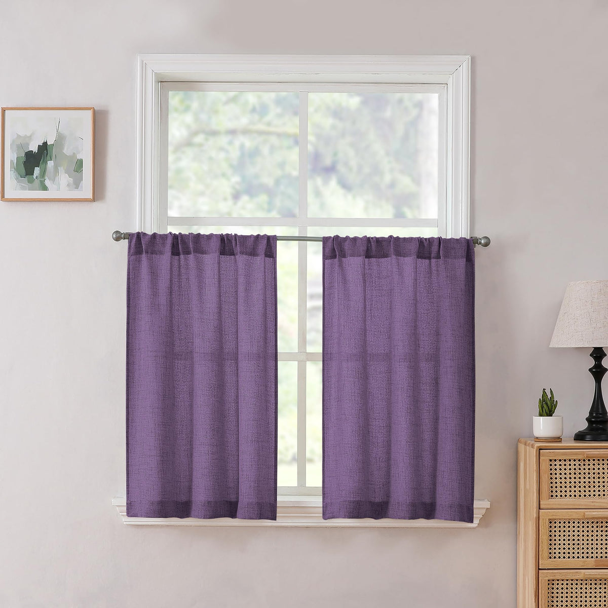 Tollpiz Linen Tier Curtains Rod Pocket Semi Sheer Short Kitchen Curtain Half Burlap Light Filtering Thick Linen Drape for Bathroom, 30 x 30 inches Long, Natural, Set of 2 Panels