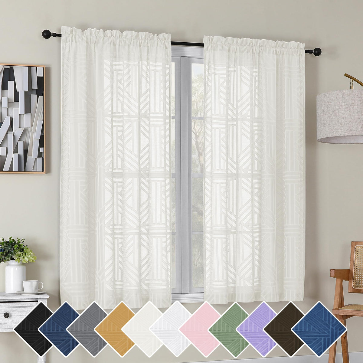 Simplebrand Dusty Blue Semi Sheer Curtains 45 Inch Length 2 Panels, Geometric Jacquard Clip Textured Short Sheer Curtains for Bedroom，Modern Elegant Window Curtains Drapes/Treatment Sheer，42x45 inch