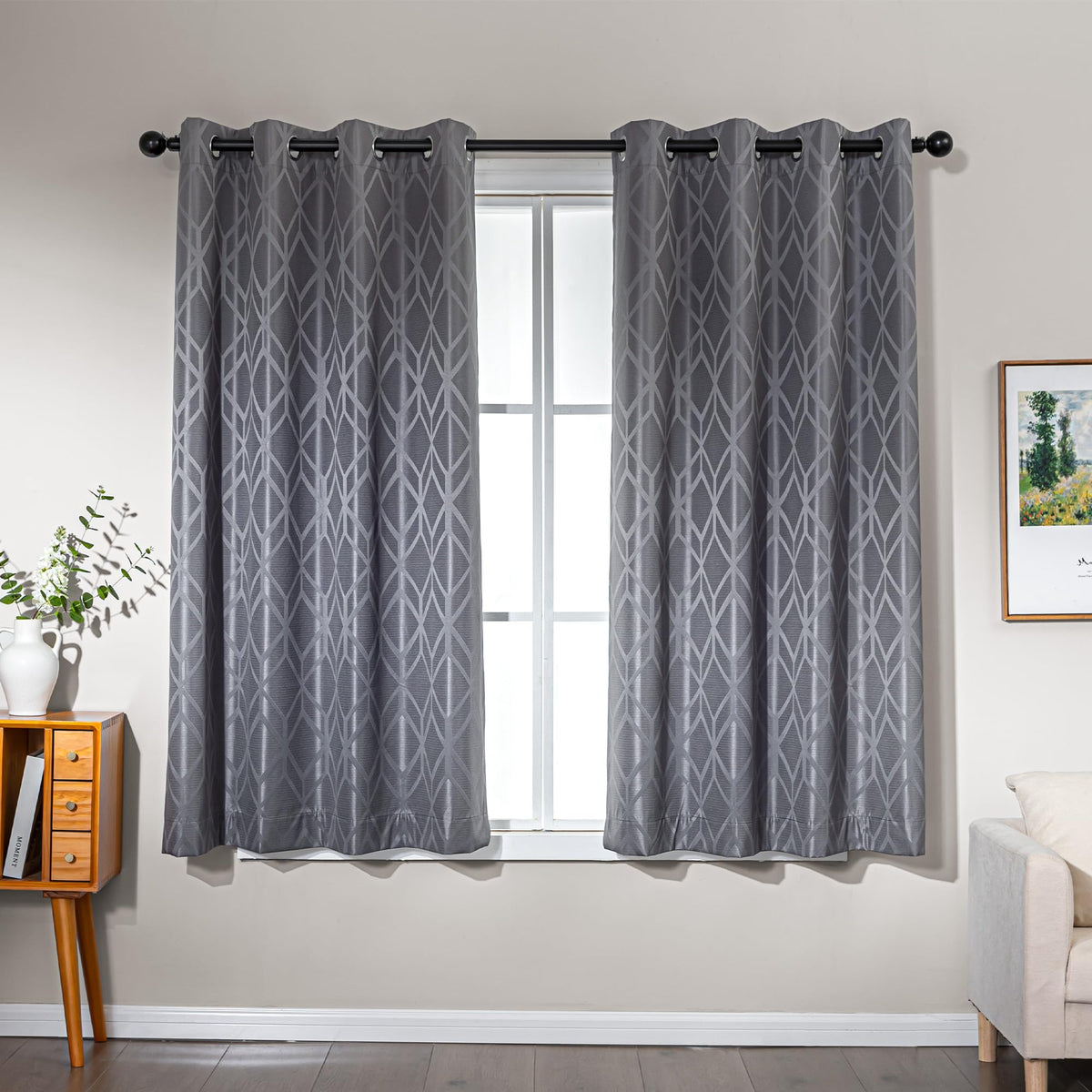 Amazon Basics Jacquard 2-Piece 100% Blackout Curtains, Living Room and Bedroom Drapes, Thermal Insulated Window Treatment, 52"x84", Beige