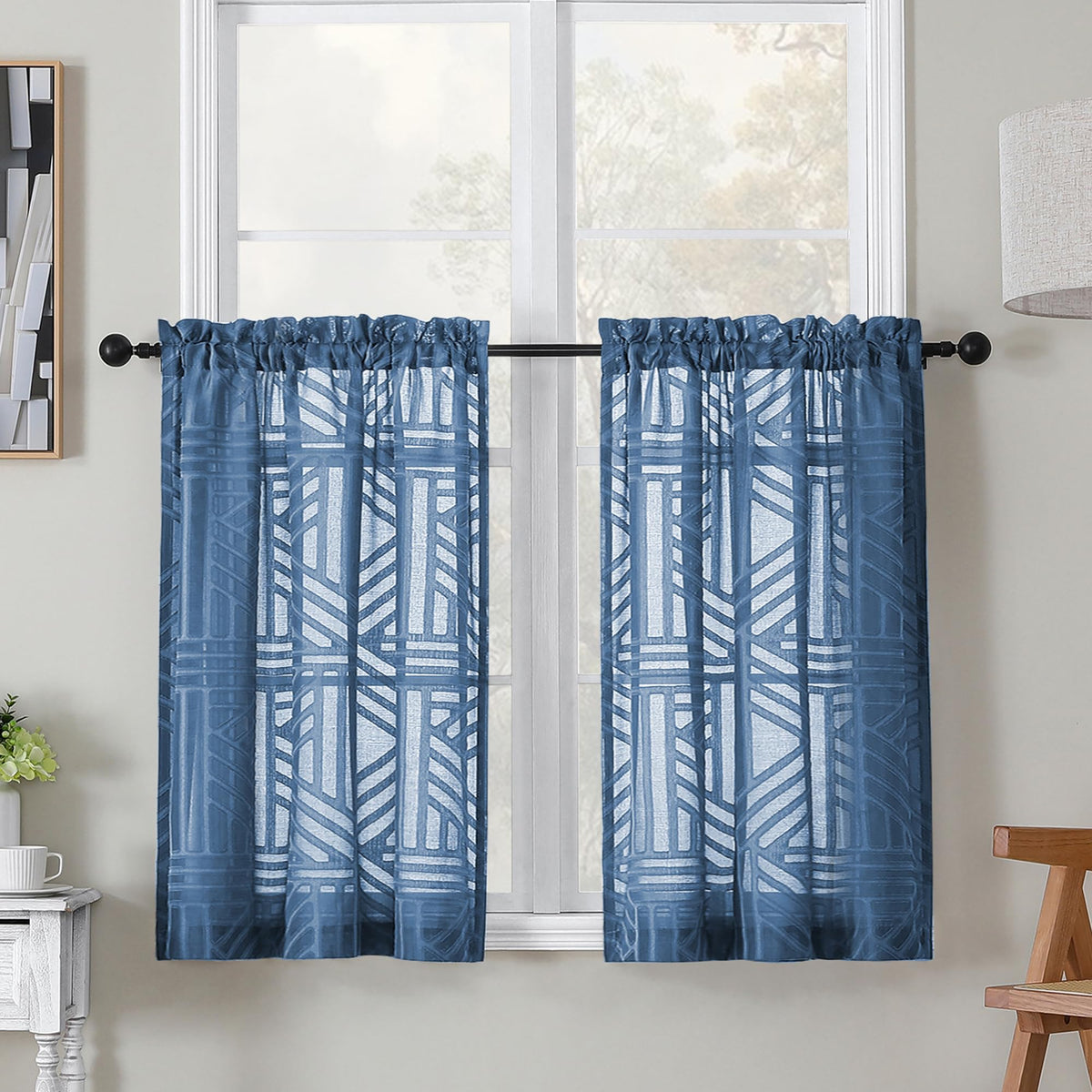 Simplebrand Dusty Blue Semi Sheer Curtains 45 Inch Length 2 Panels, Geometric Jacquard Clip Textured Short Sheer Curtains for Bedroom，Modern Elegant Window Curtains Drapes/Treatment Sheer，42x45 inch
