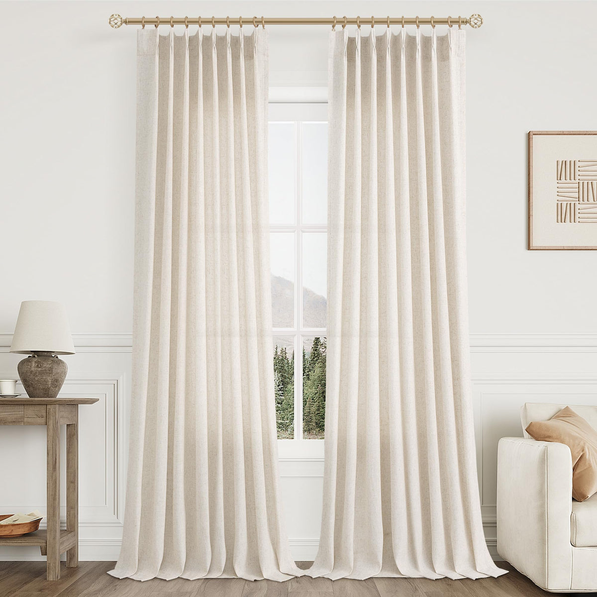 Aersas Linen Pinch Pleated Curtains 84 Inch Length 2 Panels Set for Living Room Cream Semi Sheer Window Curtain for Bedroom Boho Farmhouse Neutral Back Tab Drape Decor with Hooks, Natural Beige Ivory