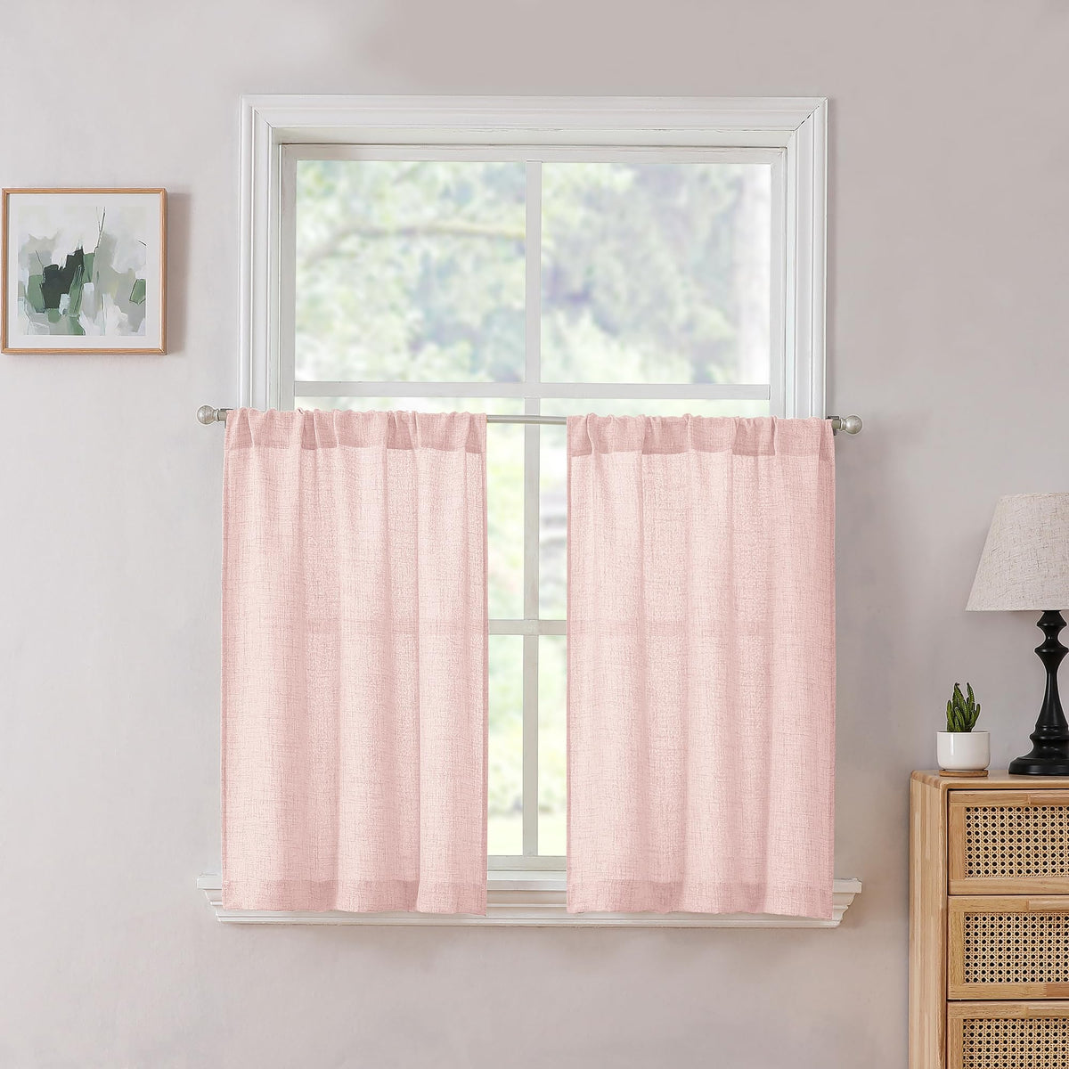 Tollpiz Linen Tier Curtains Rod Pocket Semi Sheer Short Kitchen Curtain Half Burlap Light Filtering Thick Linen Drape for Bathroom, 30 x 30 inches Long, Natural, Set of 2 Panels