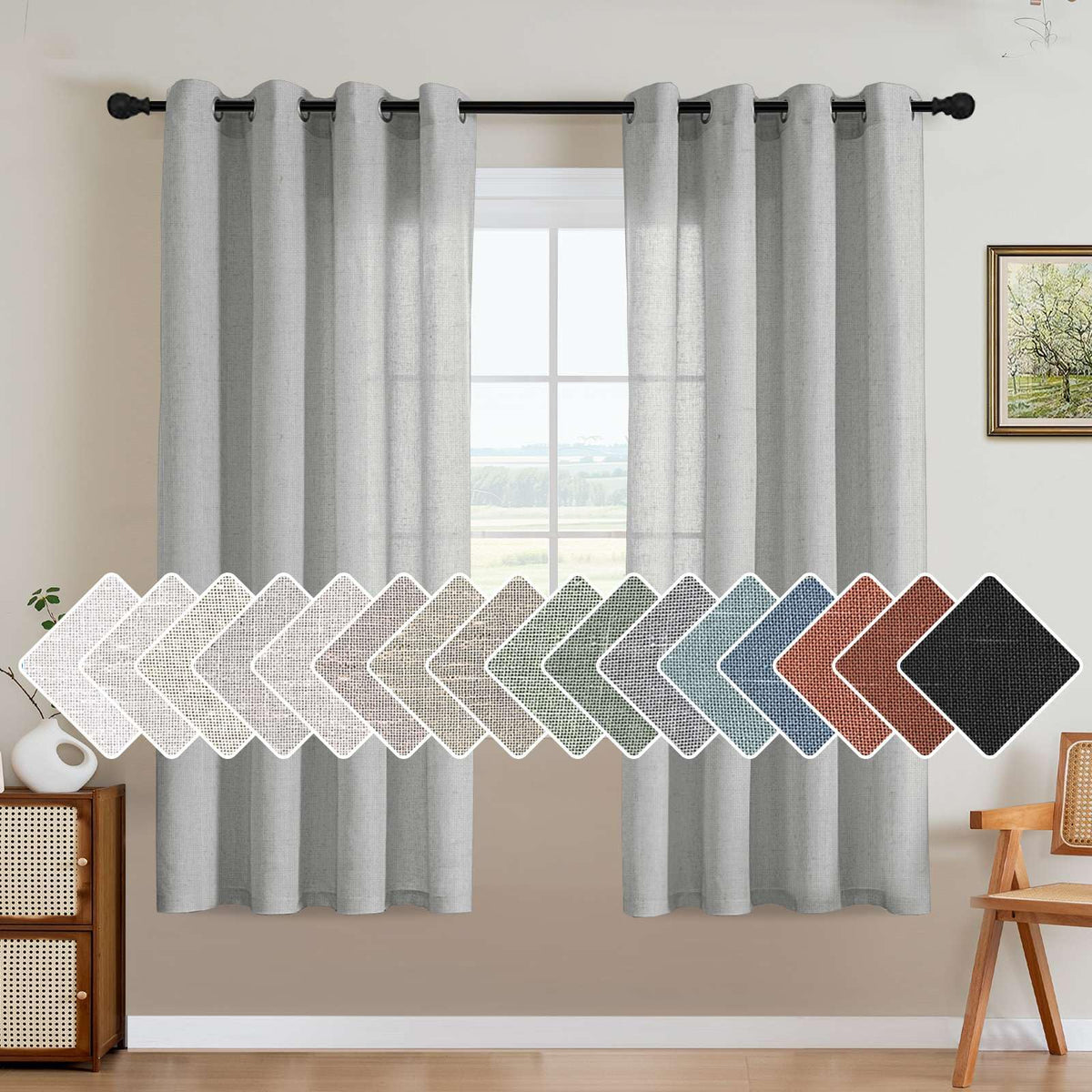 H.VERSAILTEX Natural Linen Grommet Curtains 84 Inch Length for Living Room 2 Panel Drape Semi Sheer Neutral Country Rustic Farmhouse Boho Curtain Bedroom Muslin Look Light Filtering, Heathered Natural