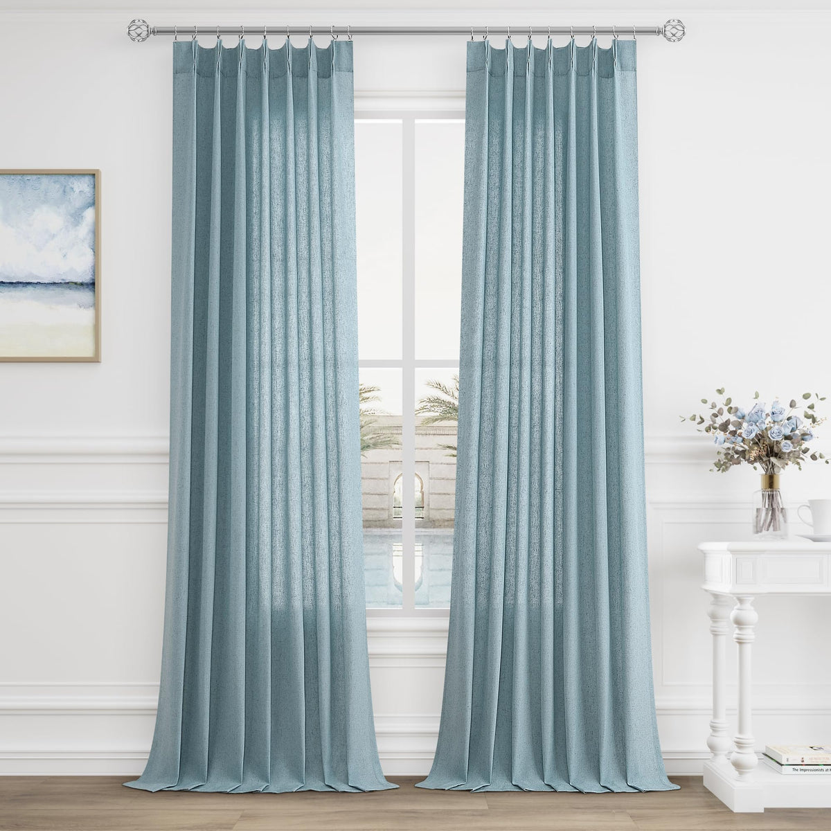 Aersas Linen Pinch Pleated Curtains 84 Inch Length 2 Panels Set for Living Room Cream Semi Sheer Window Curtain for Bedroom Boho Farmhouse Neutral Back Tab Drape Decor with Hooks, Natural Beige Ivory