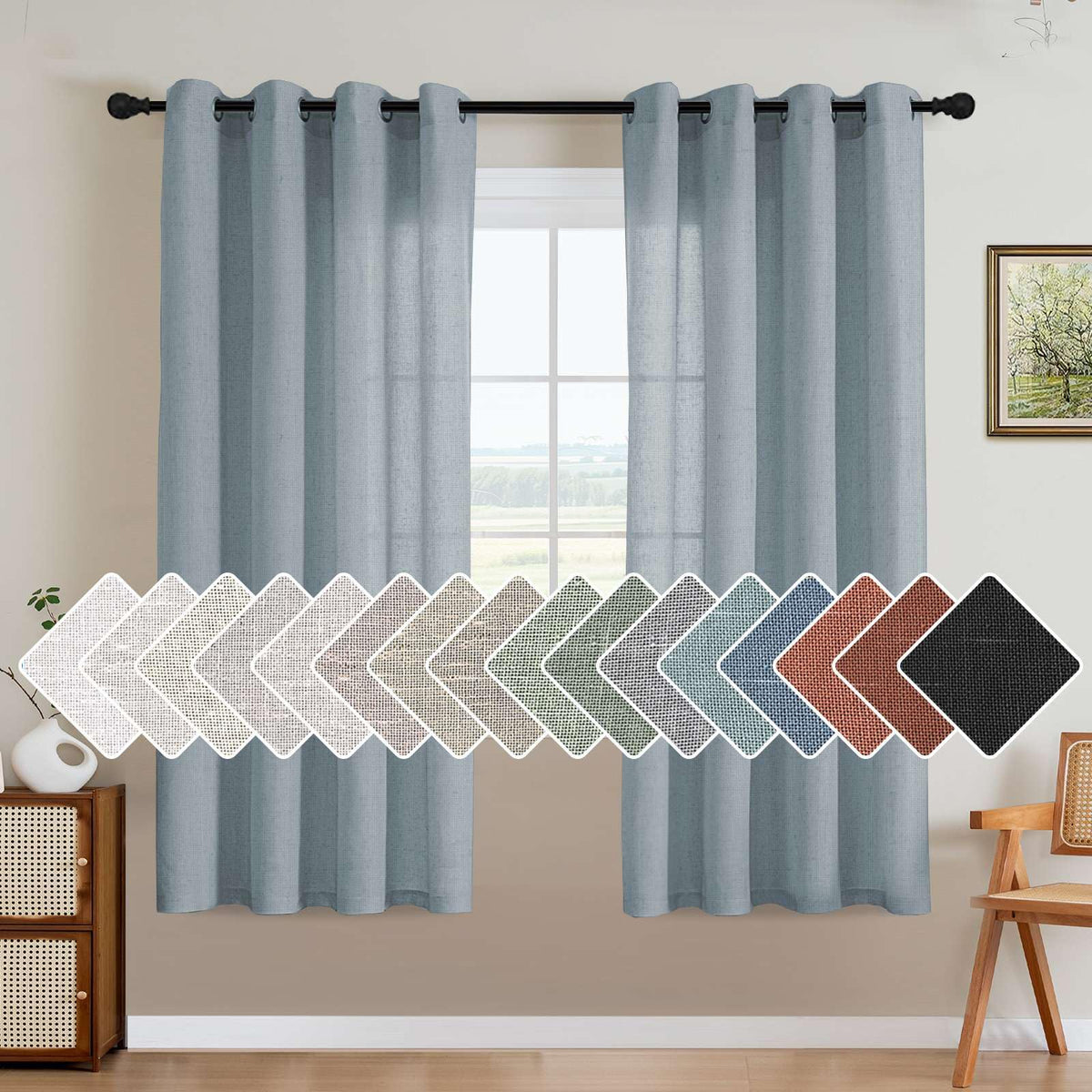 H.VERSAILTEX Natural Linen Grommet Curtains 84 Inch Length for Living Room 2 Panel Drape Semi Sheer Neutral Country Rustic Farmhouse Boho Curtain Bedroom Muslin Look Light Filtering, Heathered Natural
