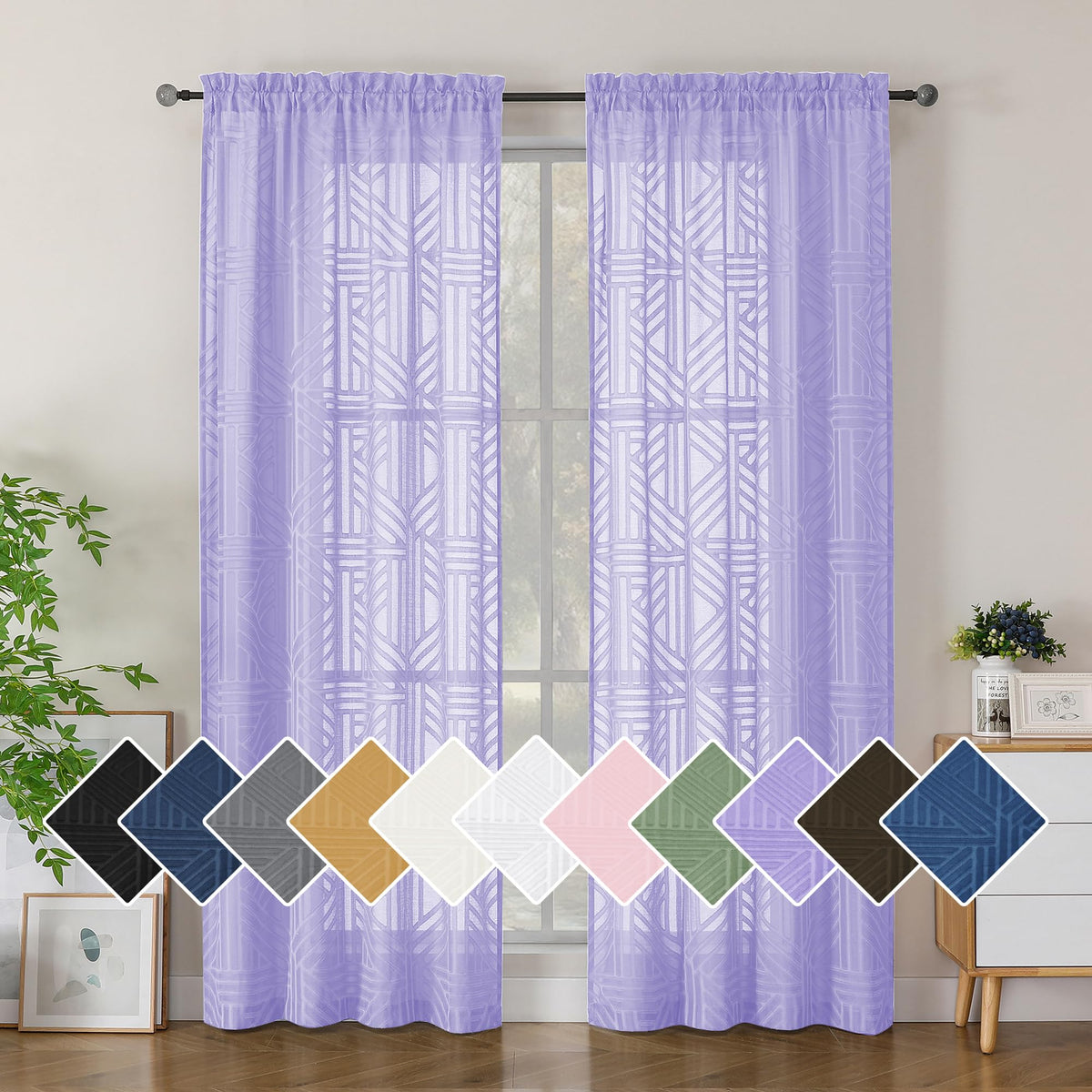 Simplebrand Dusty Blue Semi Sheer Curtains 45 Inch Length 2 Panels, Geometric Jacquard Clip Textured Short Sheer Curtains for Bedroom，Modern Elegant Window Curtains Drapes/Treatment Sheer，42x45 inch