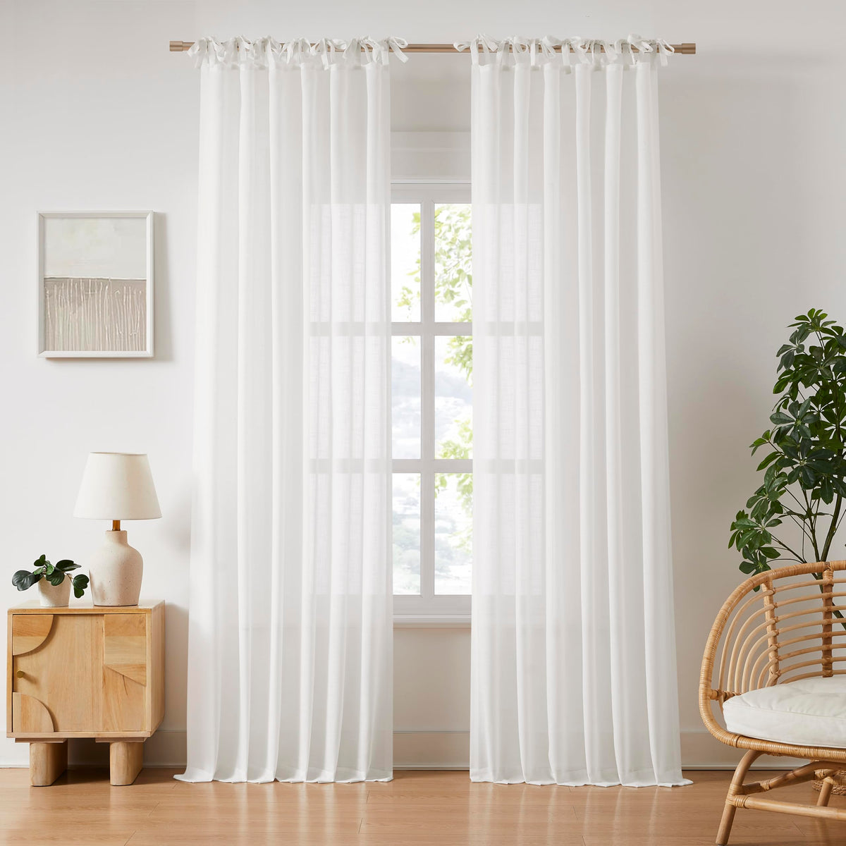 Central Park Tie Top Sheer Curtain Linen Blended, Linen, 50"Wx90"L, 2 Panel