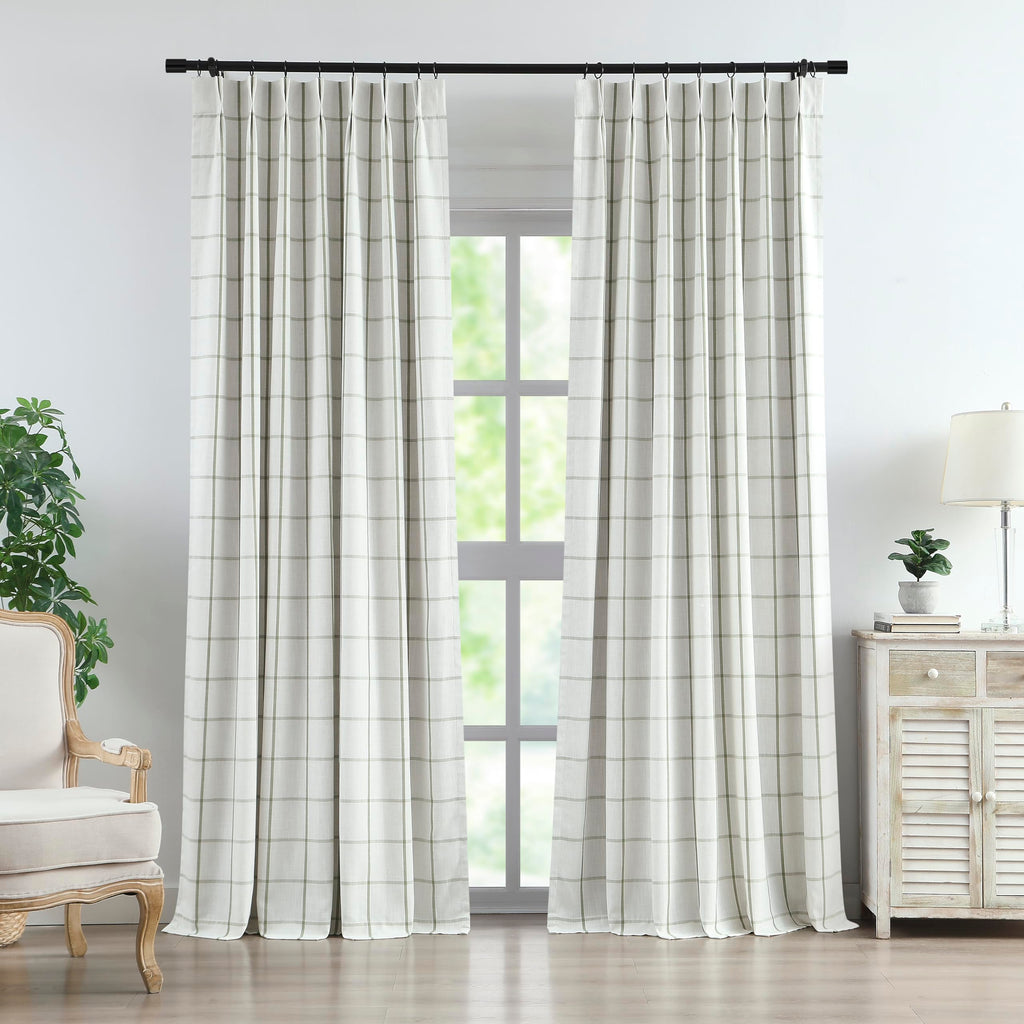 Vision Home Blue Plaid Linen Pinch Pleated Full Blackout Curtains 40Wx84Lx2