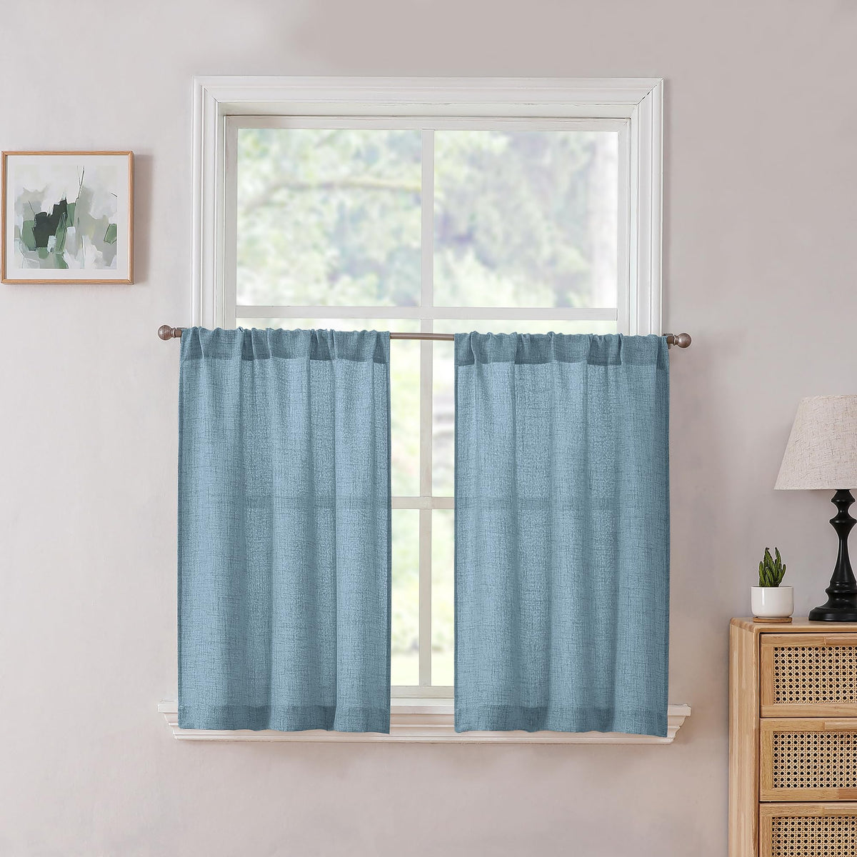 Tollpiz Linen Tier Curtains Rod Pocket Semi Sheer Short Kitchen Curtain Half Burlap Light Filtering Thick Linen Drape for Bathroom, 30 x 30 inches Long, Natural, Set of 2 Panels