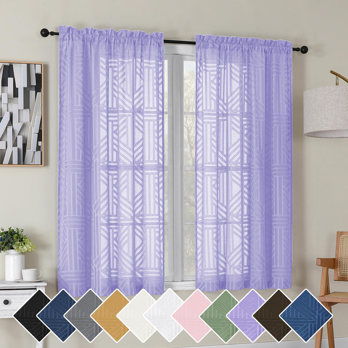 Simplebrand Dusty Blue Semi Sheer Curtains 45 Inch Length 2 Panels, Geometric Jacquard Clip Textured Short Sheer Curtains for Bedroom，Modern Elegant Window Curtains Drapes/Treatment Sheer，42x45 inch