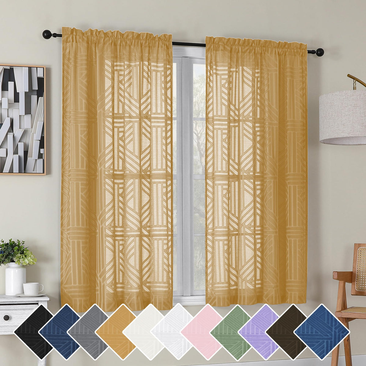 Simplebrand Dusty Blue Semi Sheer Curtains 45 Inch Length 2 Panels, Geometric Jacquard Clip Textured Short Sheer Curtains for Bedroom，Modern Elegant Window Curtains Drapes/Treatment Sheer，42x45 inch