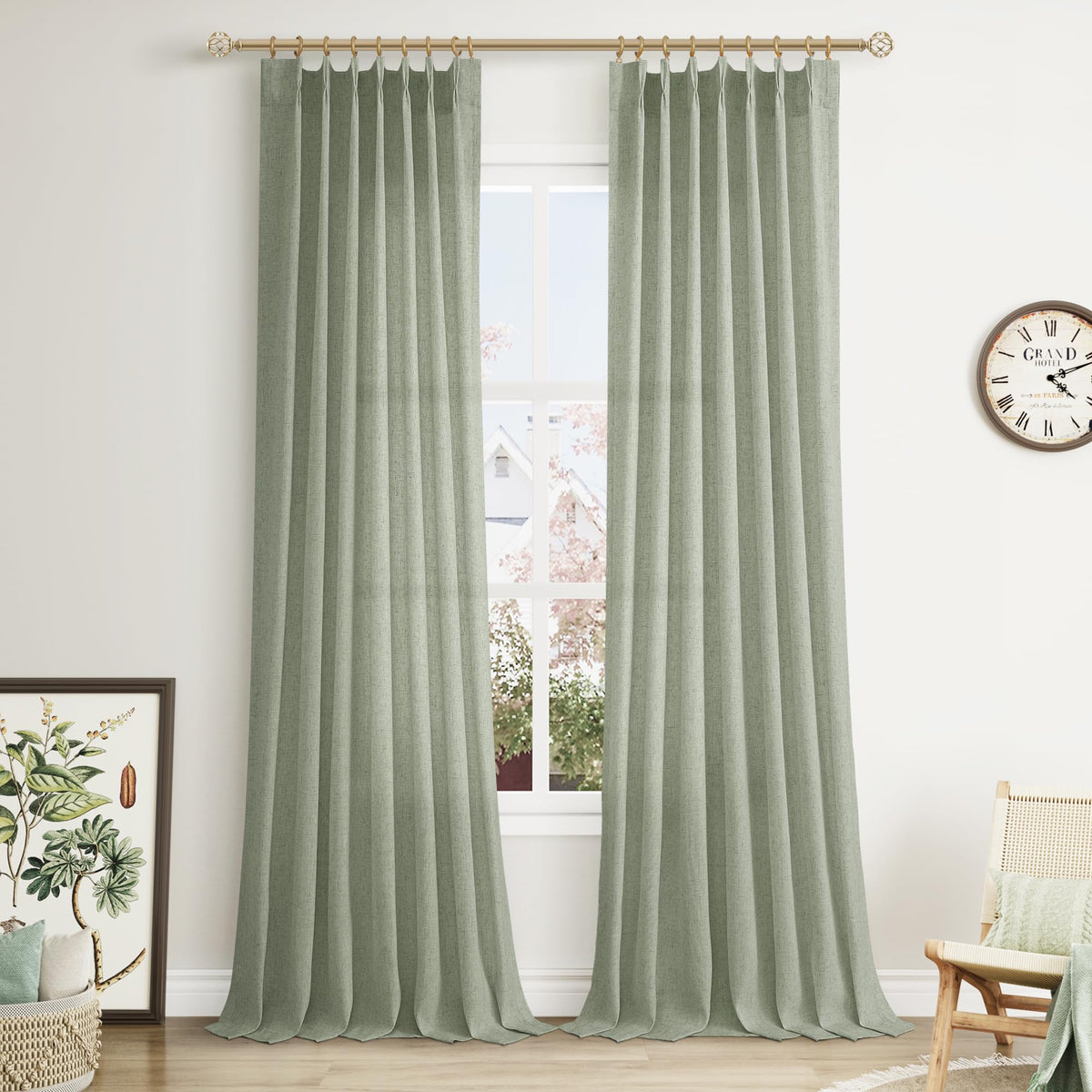 Aersas Linen Pinch Pleated Curtains 84 Inch Length 2 Panels Set for Living Room Cream Semi Sheer Window Curtain for Bedroom Boho Farmhouse Neutral Back Tab Drape Decor with Hooks, Natural Beige Ivory