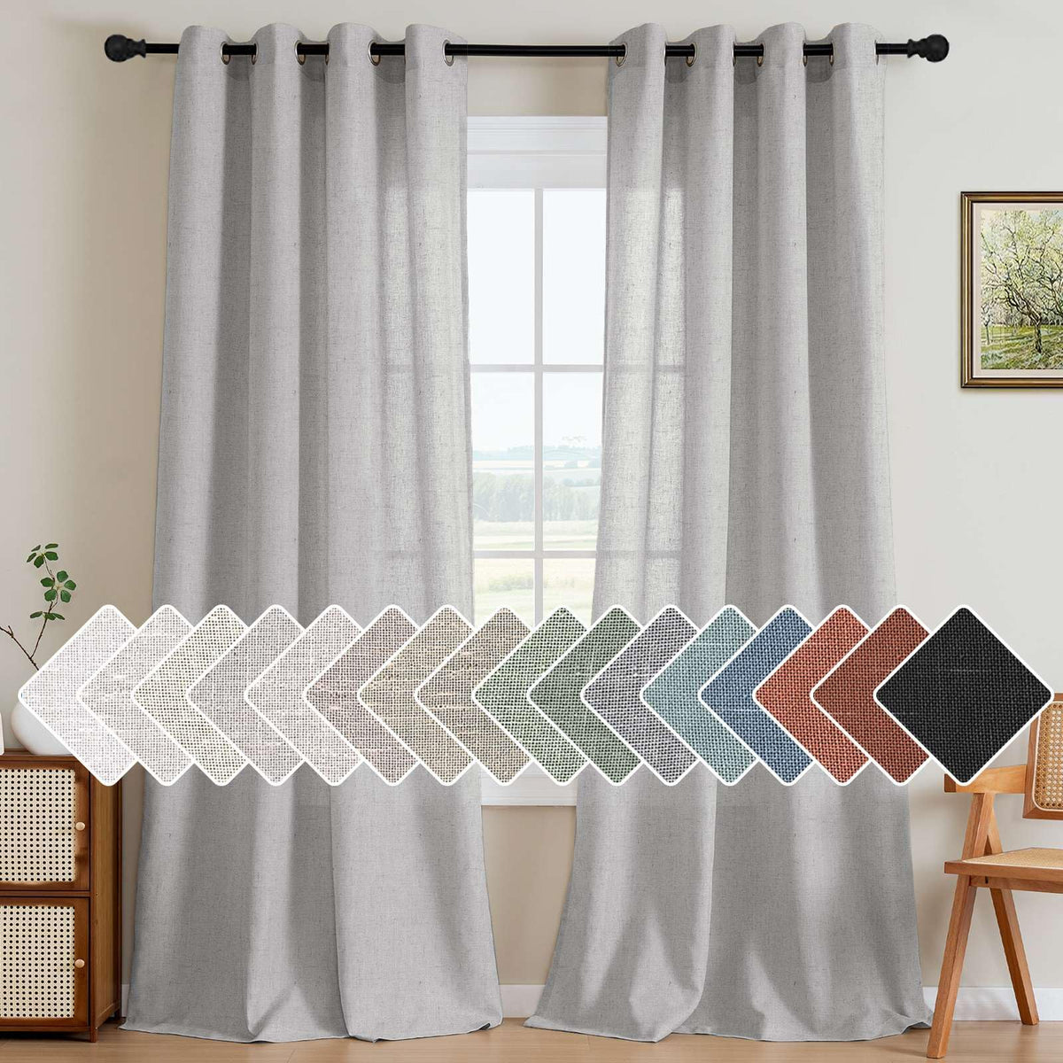 H.VERSAILTEX Natural Linen Grommet Curtains 84 Inch Length for Living Room 2 Panel Drape Semi Sheer Neutral Country Rustic Farmhouse Boho Curtain Bedroom Muslin Look Light Filtering, Heathered Natural