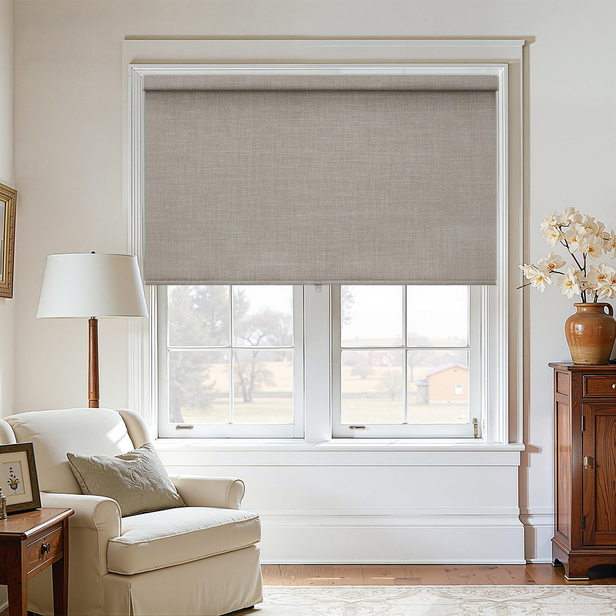 Blackout Roller Shades for Bedroom Window Cordless Free-Stop Blinds with Valance UV Protection 100% Black Out Linen Shades Blinds for Indoor Bathroom Windows Living Room Beige Oatmeal 34" W x 72" H