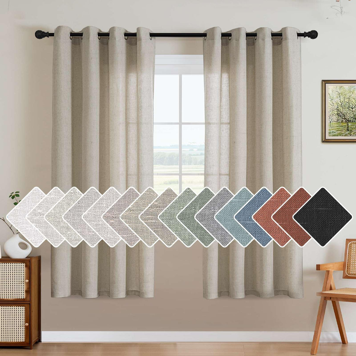 H.VERSAILTEX Natural Linen Grommet Curtains 84 Inch Length for Living Room 2 Panel Drape Semi Sheer Neutral Country Rustic Farmhouse Boho Curtain Bedroom Muslin Look Light Filtering, Heathered Natural