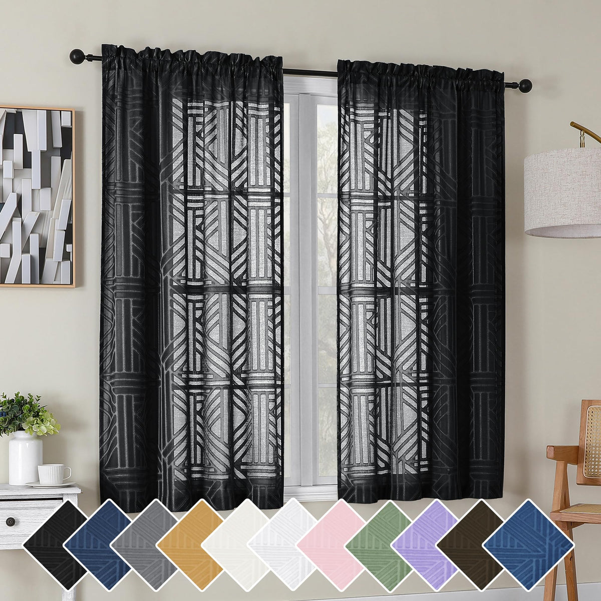 Simplebrand Dusty Blue Semi Sheer Curtains 45 Inch Length 2 Panels, Geometric Jacquard Clip Textured Short Sheer Curtains for Bedroom，Modern Elegant Window Curtains Drapes/Treatment Sheer，42x45 inch