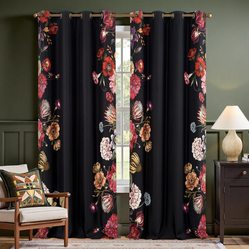 jinchan Black Boho Floral Blackout Curtains W100xL96 Grommet 1 Panel