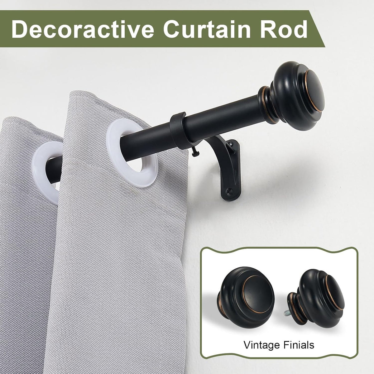 72-144 Inches Curtain Rods for Window, Vimayta 1 Inch Diameter Drapery Rod with Resin Finials, Ideal Adjustable Heavy Duty Single Curtains Rod for Bedroom, Living Room Decoration, Matte Black