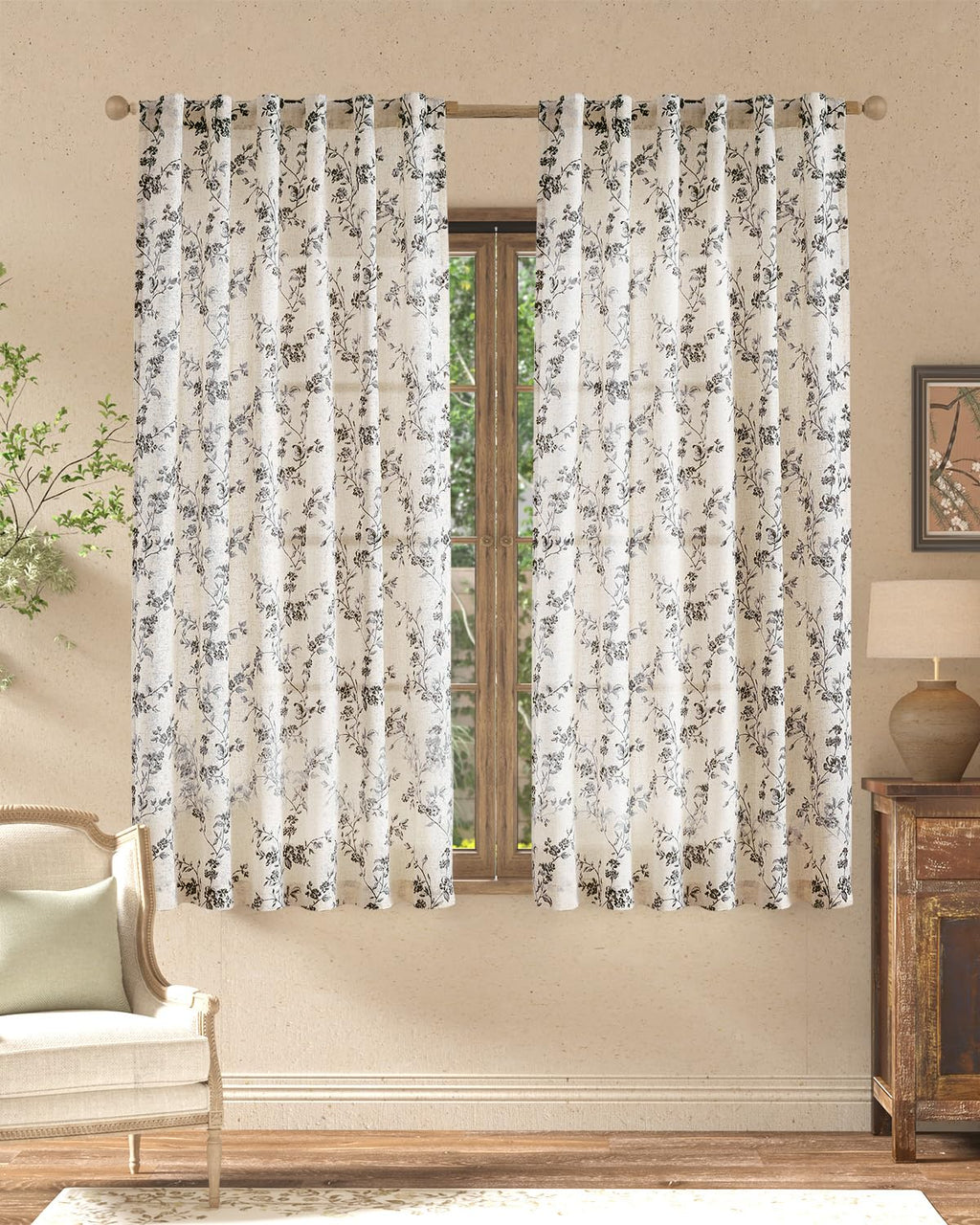 jinchan Taupe Floral Linen Curtains 84 Inch Farmhouse Back Tab 2 Panels