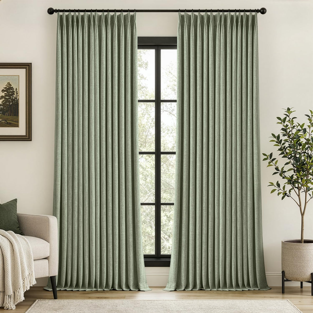 MIULEE Olive Green Pinch Pleated 100% Blackout Linen Curtains 40x108 Inches