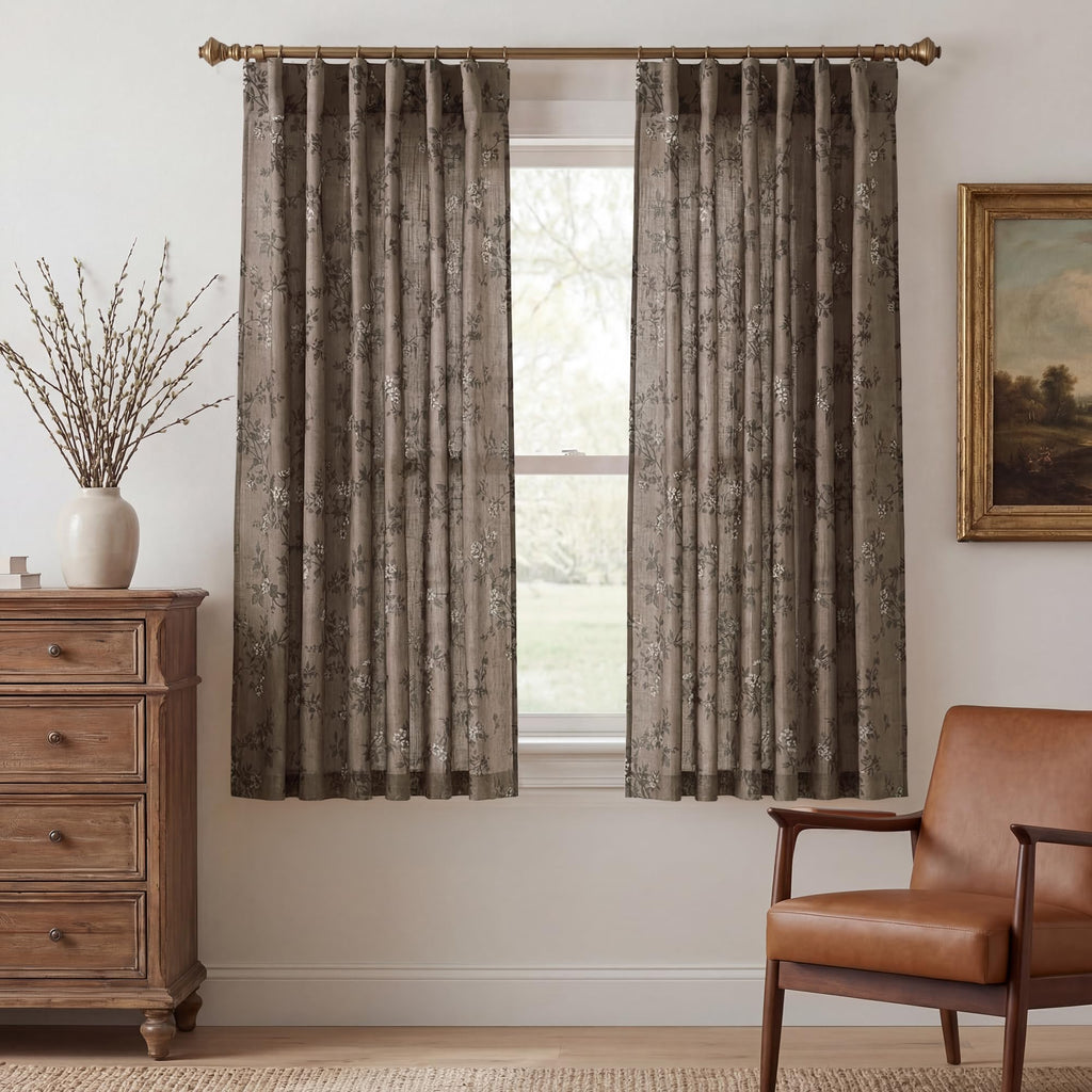 StangH Natural Linen Curtains Vintage Floral Print 108 Inch 2 Panels