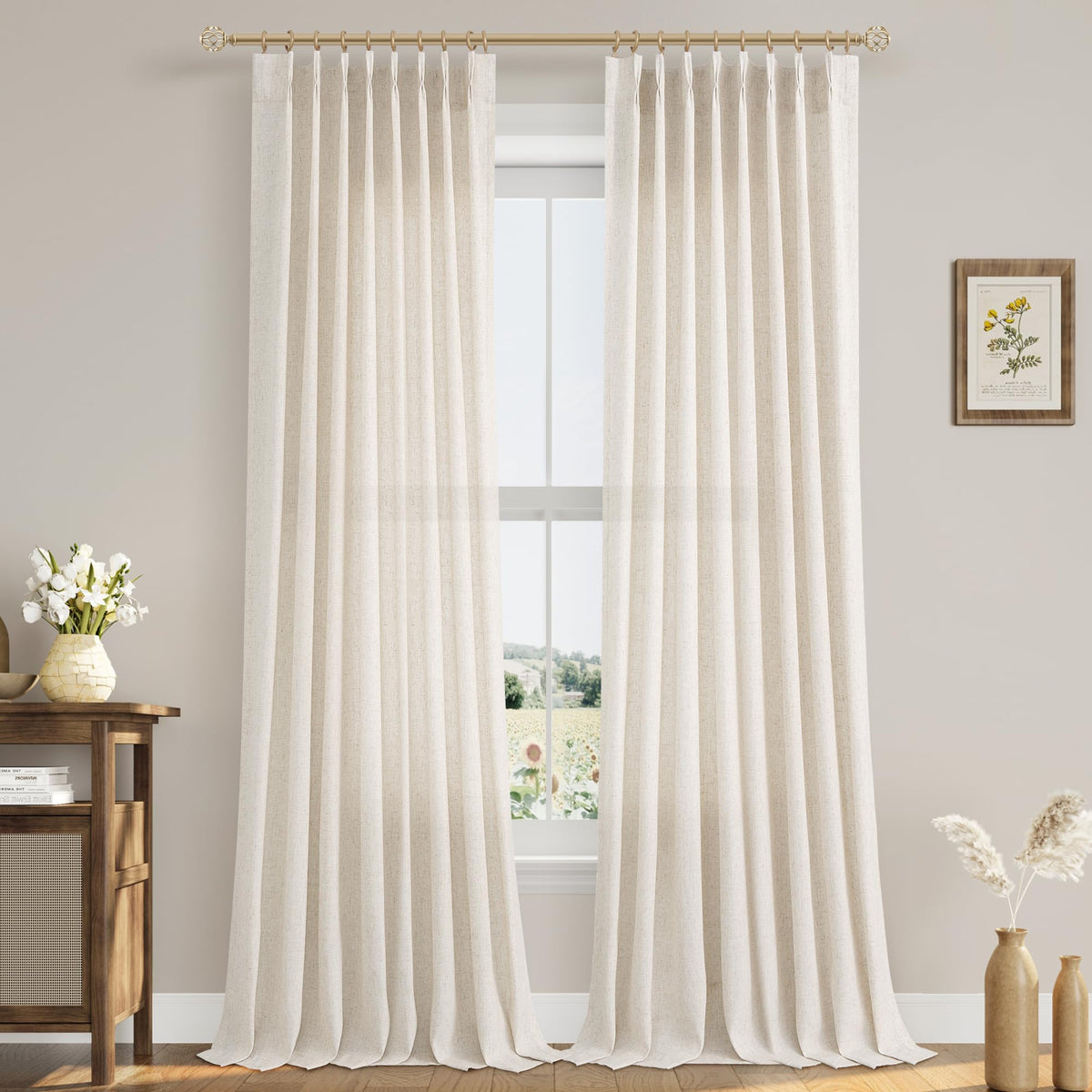 Aersas Linen Pinch Pleated Curtains 84 Inch Length 2 Panels Set for Living Room Cream Semi Sheer Window Curtain for Bedroom Boho Farmhouse Neutral Back Tab Drape Decor with Hooks, Natural Beige Ivory