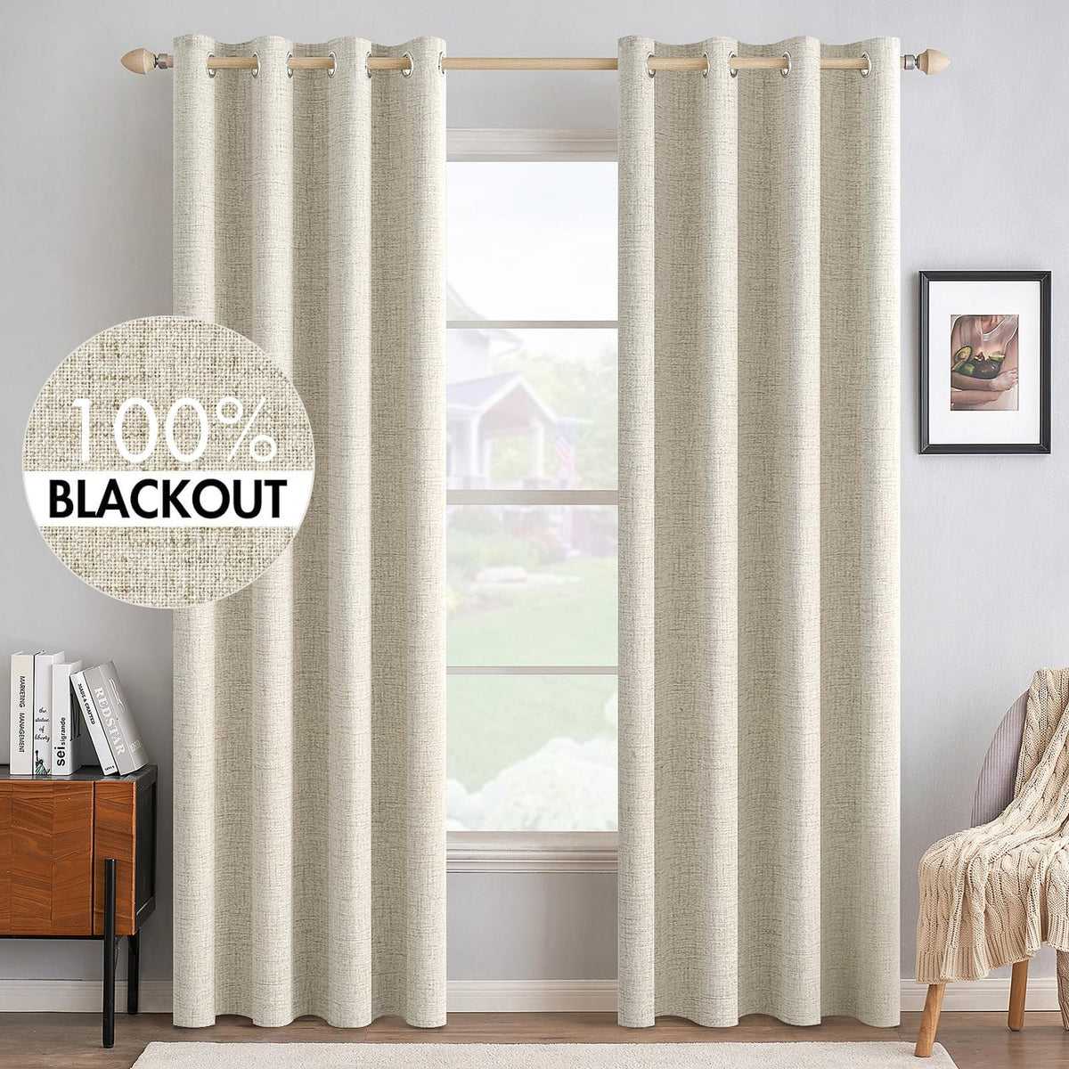 MIULEE 100% Blackout Linen Curtains for Bedroom 52x84 Inches Dusty Blue