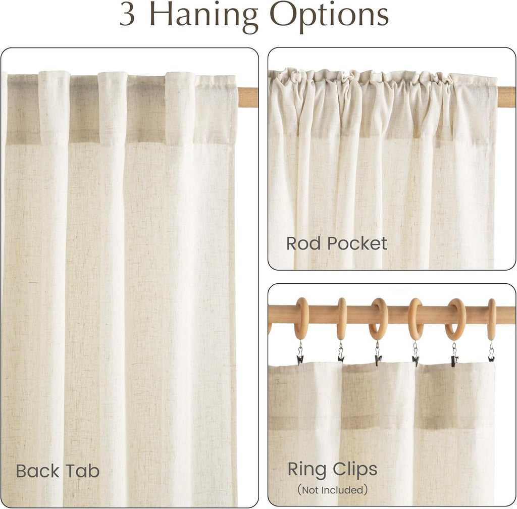 NICETOWN Flax Sheer Linen Curtains for Living Room 95 inch Long 2 Panels, Rod Pocket & Back Tab Semi Sheer Drapes Privacy Added with Light Filtering for Bedroom/Living Room, Natural, W55 x L95