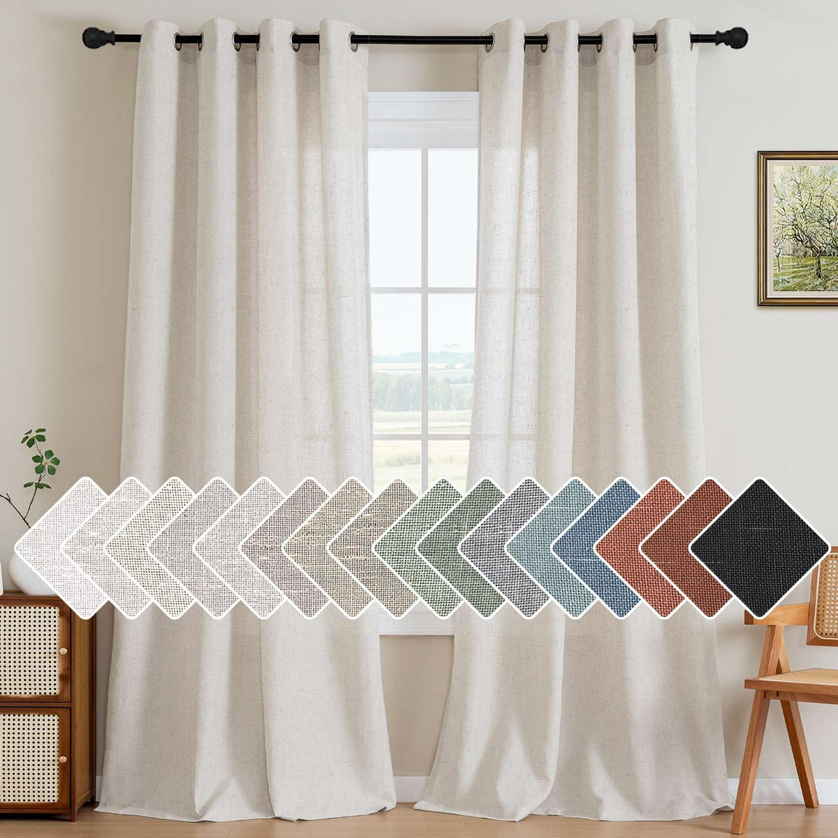 H.VERSAILTEX Natural Linen Grommet Curtains 84 Inch Length for Living Room 2 Panel Drape Semi Sheer Neutral Country Rustic Farmhouse Boho Curtain Bedroom Muslin Look Light Filtering, Heathered Natural