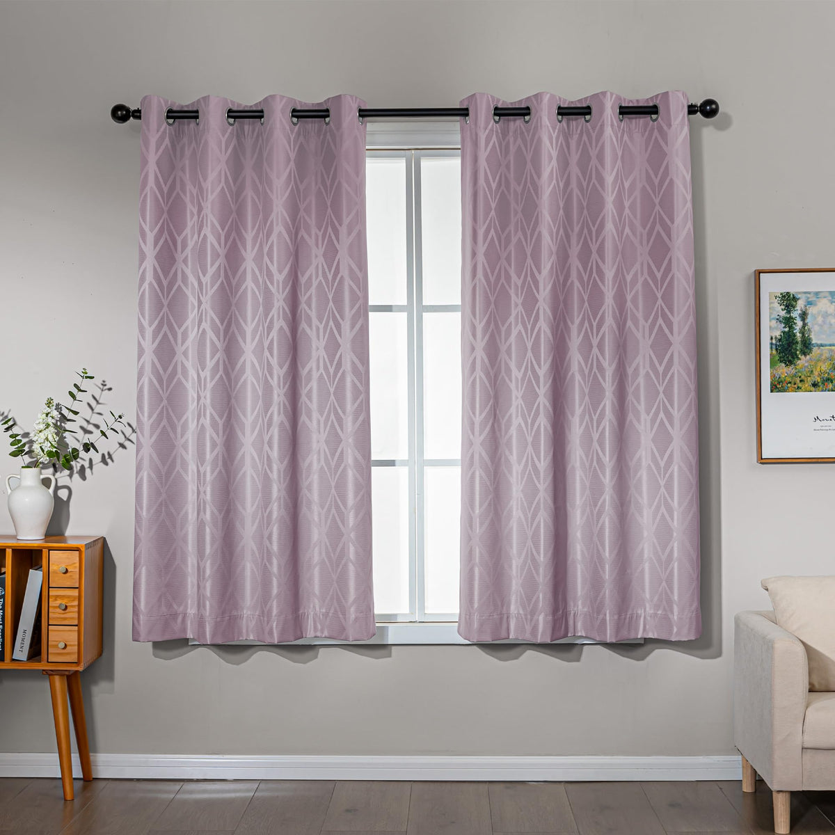 Amazon Basics Jacquard 2-Piece 100% Blackout Curtains, Living Room and Bedroom Drapes, Thermal Insulated Window Treatment, 52"x84", Beige