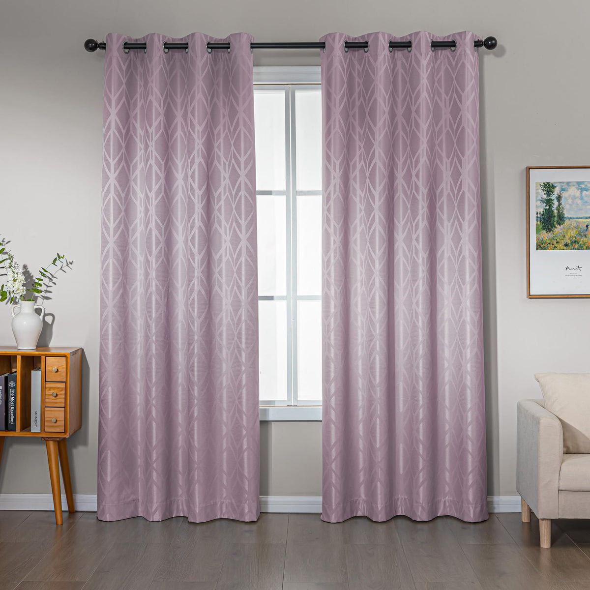 Amazon Basics Jacquard 2-Piece 100% Blackout Curtains, Living Room and Bedroom Drapes, Thermal Insulated Window Treatment, 52"x84", Beige