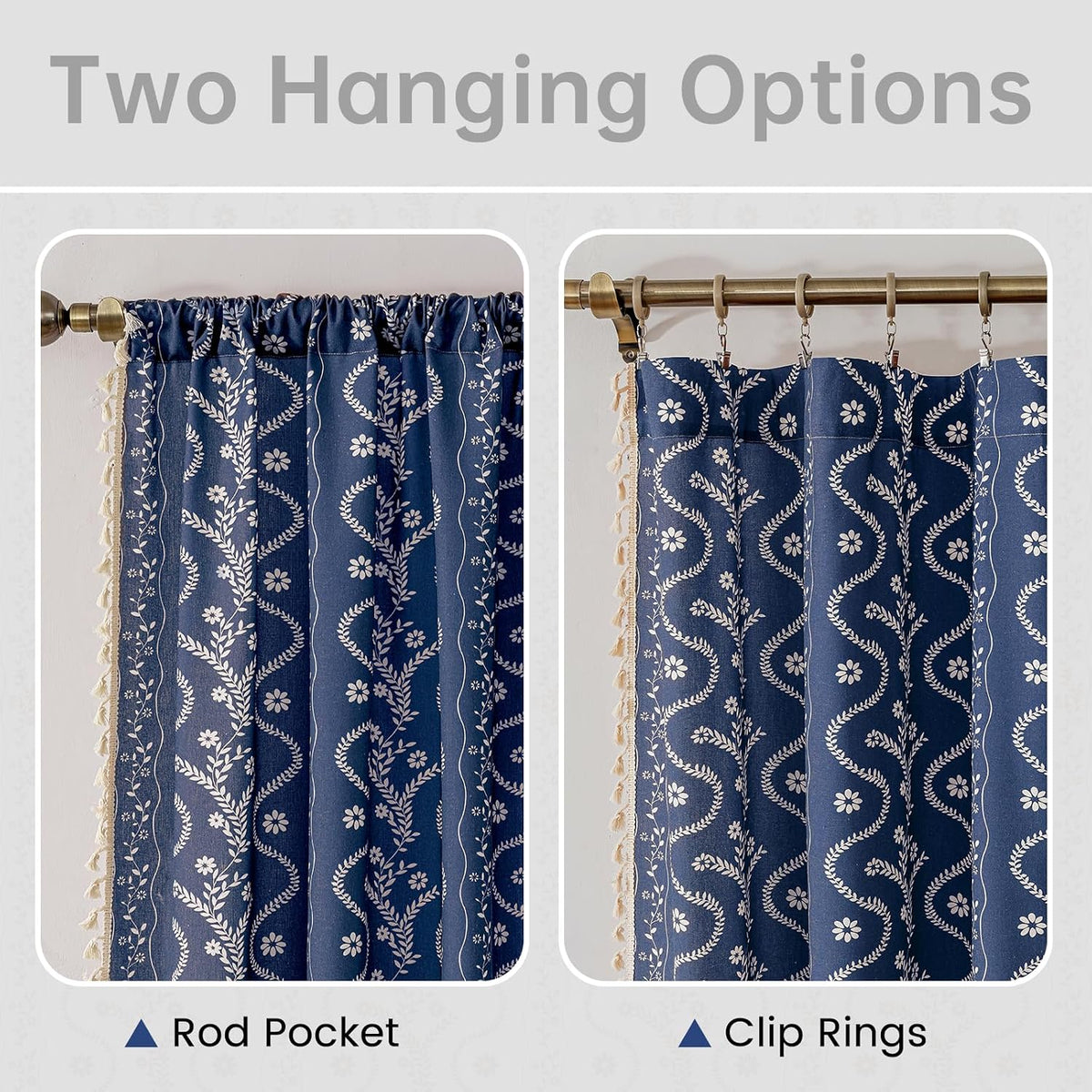 Navy Blue Boho Curtains 72 Inch Long for Living Room, Bedroom, 2 Panels Floral Farmhouse Vintage Tassel Semi Sheer Light Filtering Privacy Window Curtain Drapes with Rod Pocket, Navy Blue