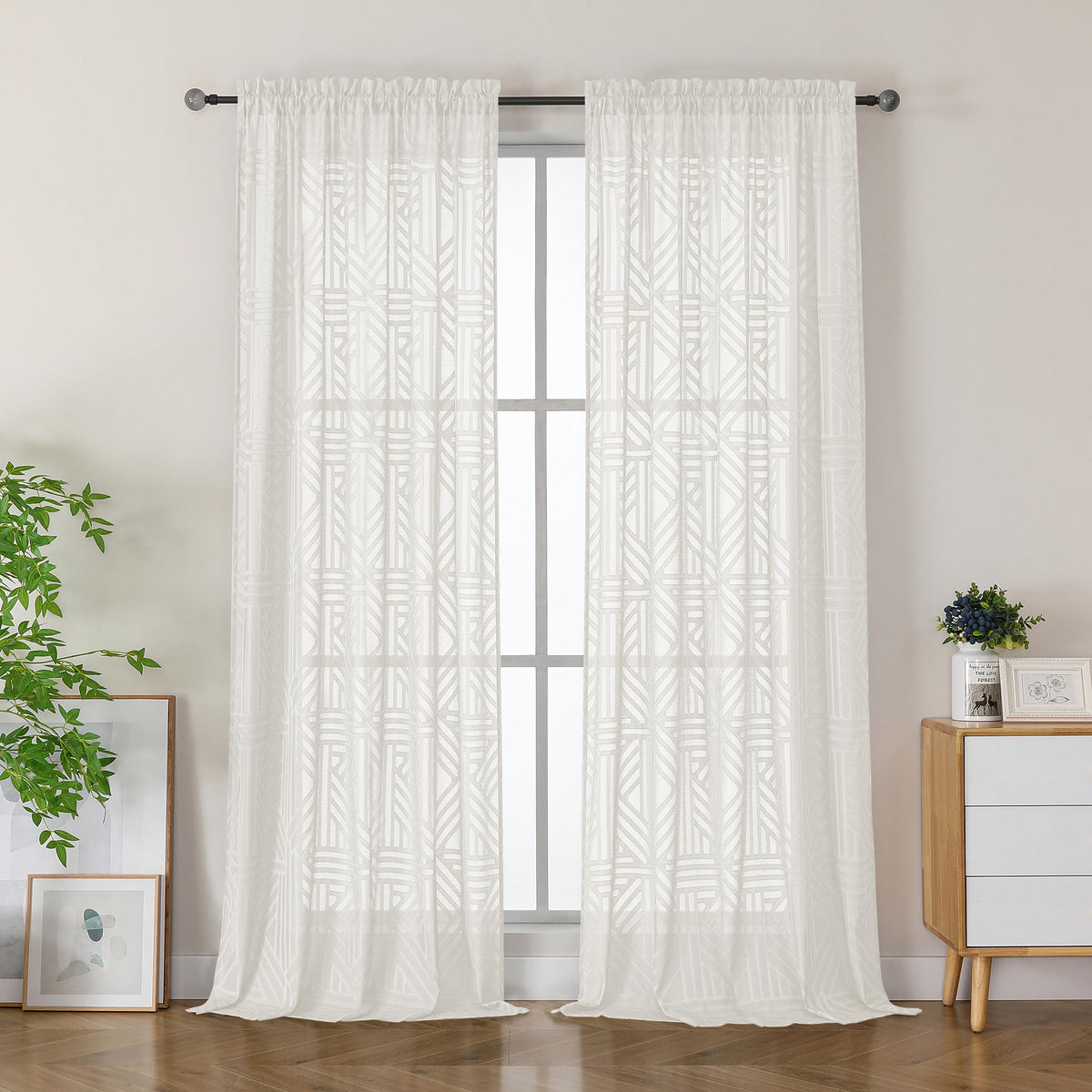 Simplebrand Dusty Blue Semi Sheer Curtains 45 Inch Length 2 Panels, Geometric Jacquard Clip Textured Short Sheer Curtains for Bedroom，Modern Elegant Window Curtains Drapes/Treatment Sheer，42x45 inch