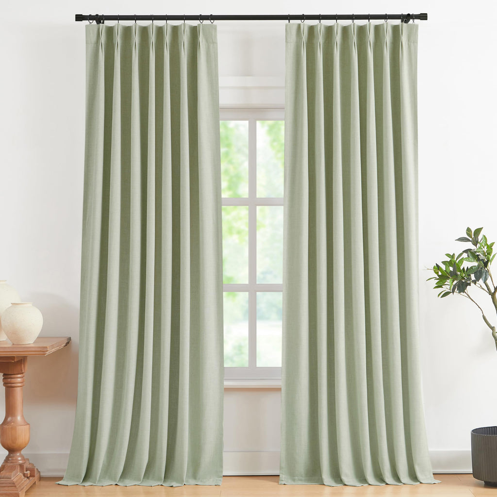 Vision Home Natural Pinch Pleated Full Blackout Curtains Linen Blended Room Darkening Window Curtains 108 inch for Living Room Bedroom Thermal Insulated Pinch Pleat Drapes with Hooks 40" Wx108 Lx2