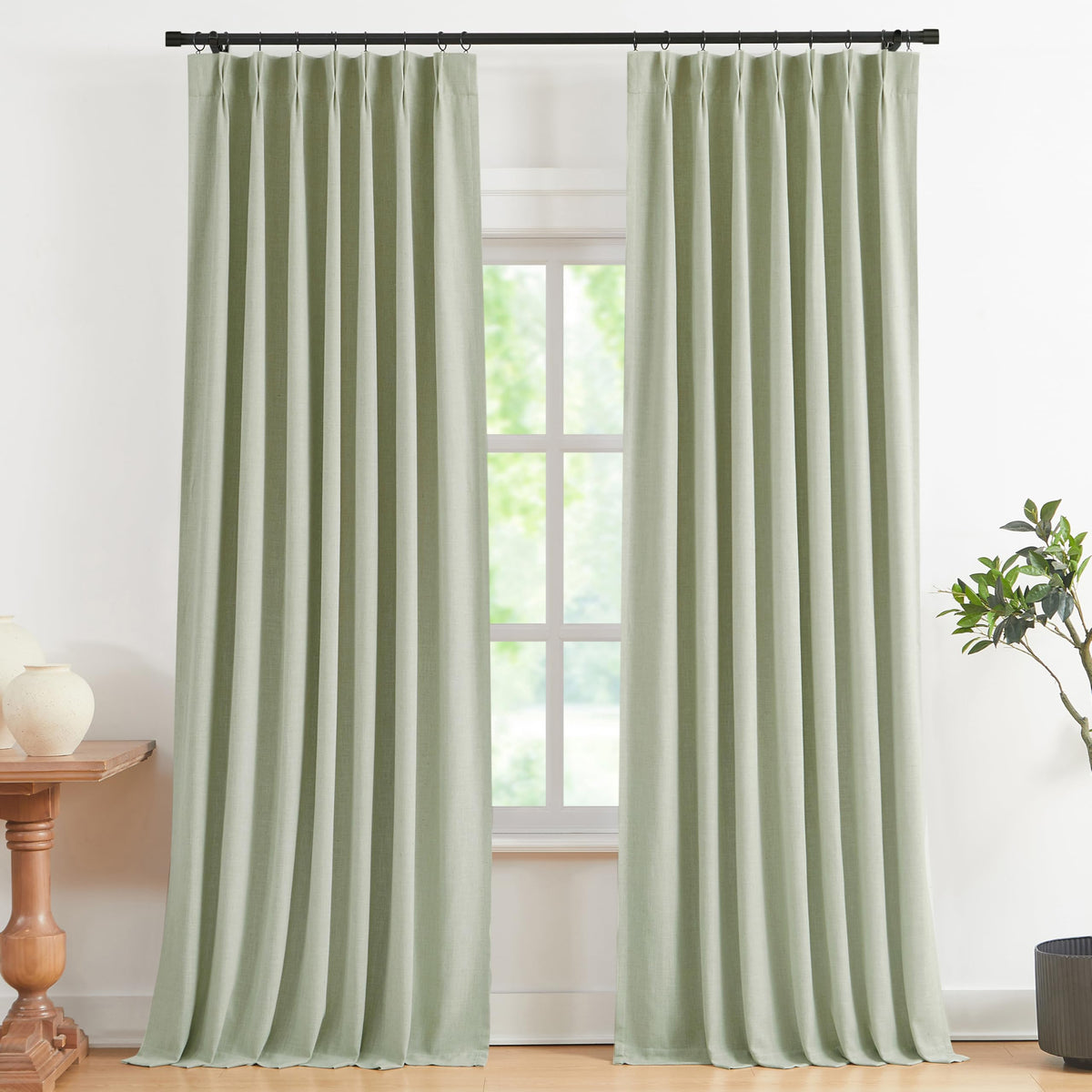 Vision Home Natural Pinch Pleated Full Blackout Curtains Linen Blended Room Darkening Window Curtains 108 inch for Living Room Bedroom Thermal Insulated Pinch Pleat Drapes with Hooks 40" Wx108 Lx2