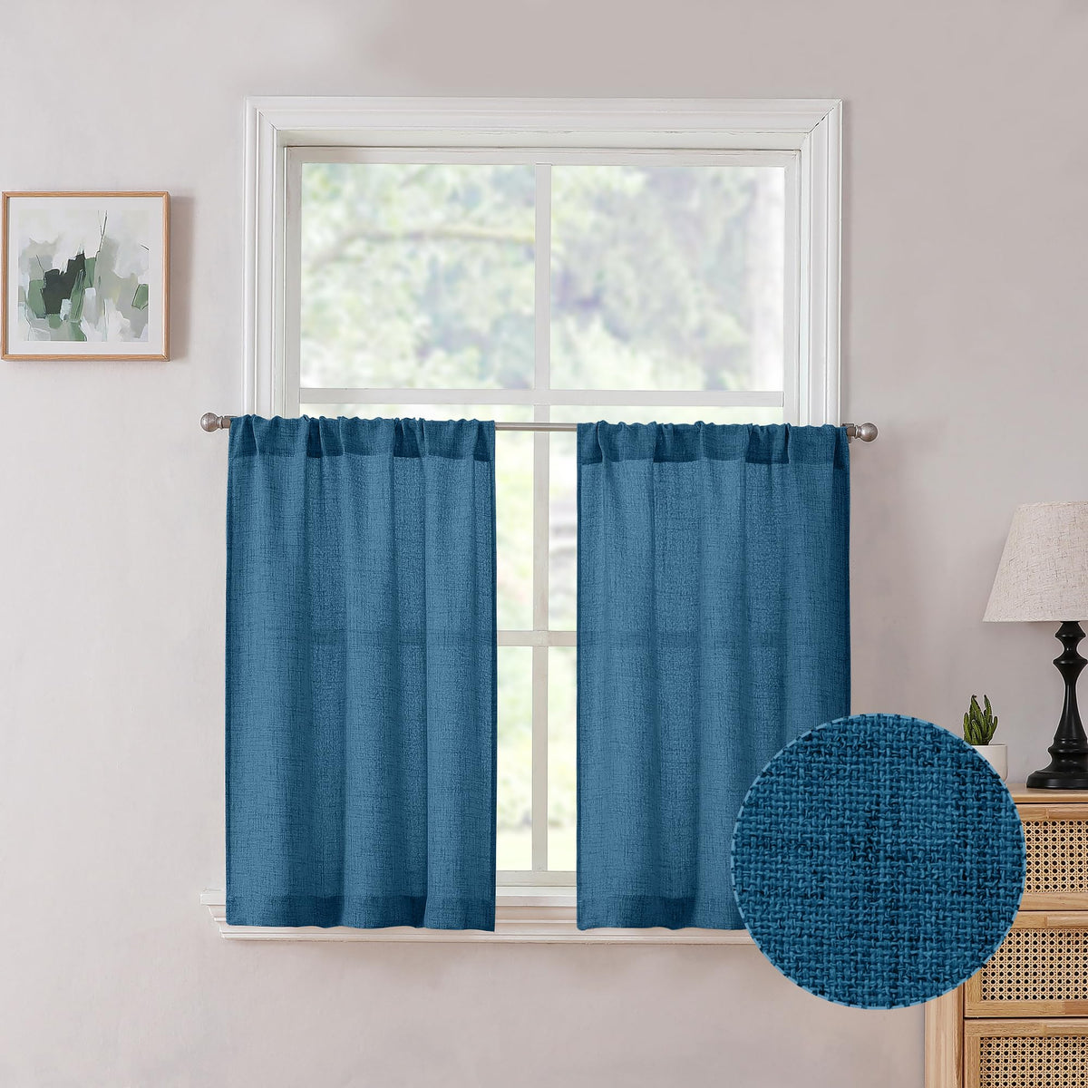 Tollpiz Linen Tier Curtains Rod Pocket Semi Sheer Short Kitchen Curtain Half Burlap Light Filtering Thick Linen Drape for Bathroom, 30 x 30 inches Long, Natural, Set of 2 Panels
