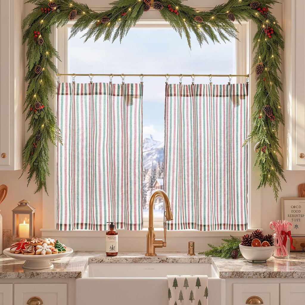 jinchan Striped Linen Kitchen Curtains 36 Inches Length Tier Curtains Farmhouse Modern Cafe Style Small Window Treatments Airy Light Filtering Rod Pocket for Living Room Bathroom 2 Panels Sage Green