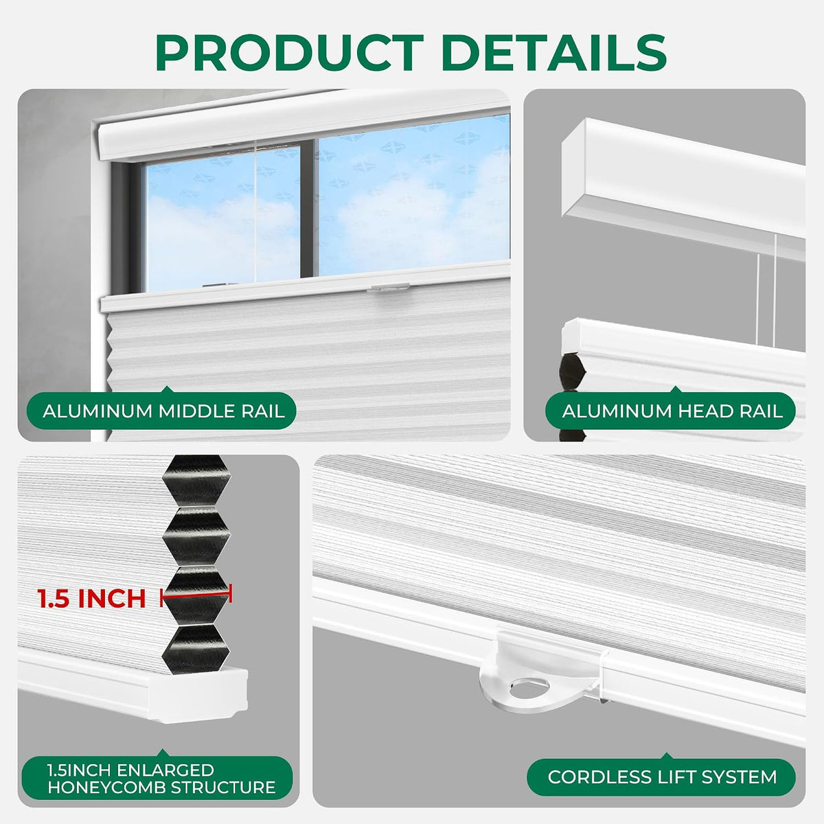 Allesin Top Down Bottom Up Cordless Cellular Shades,Thermal Insulation Honeycomb Blinds for Indoor Windows,(Clear White,35"x64")