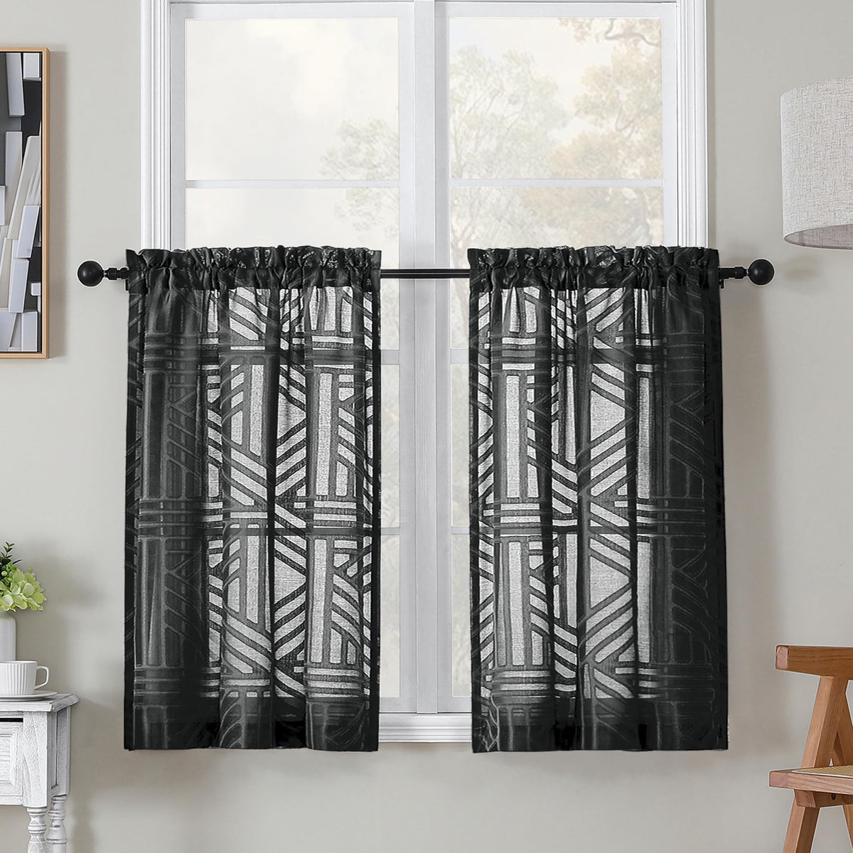 Simplebrand Dusty Blue Semi Sheer Curtains 45 Inch Length 2 Panels, Geometric Jacquard Clip Textured Short Sheer Curtains for Bedroom，Modern Elegant Window Curtains Drapes/Treatment Sheer，42x45 inch
