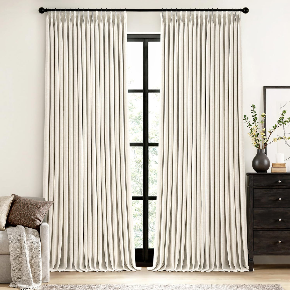 MIULEE Olive Green Pinch Pleated 100% Blackout Linen Curtains 40x108 Inches