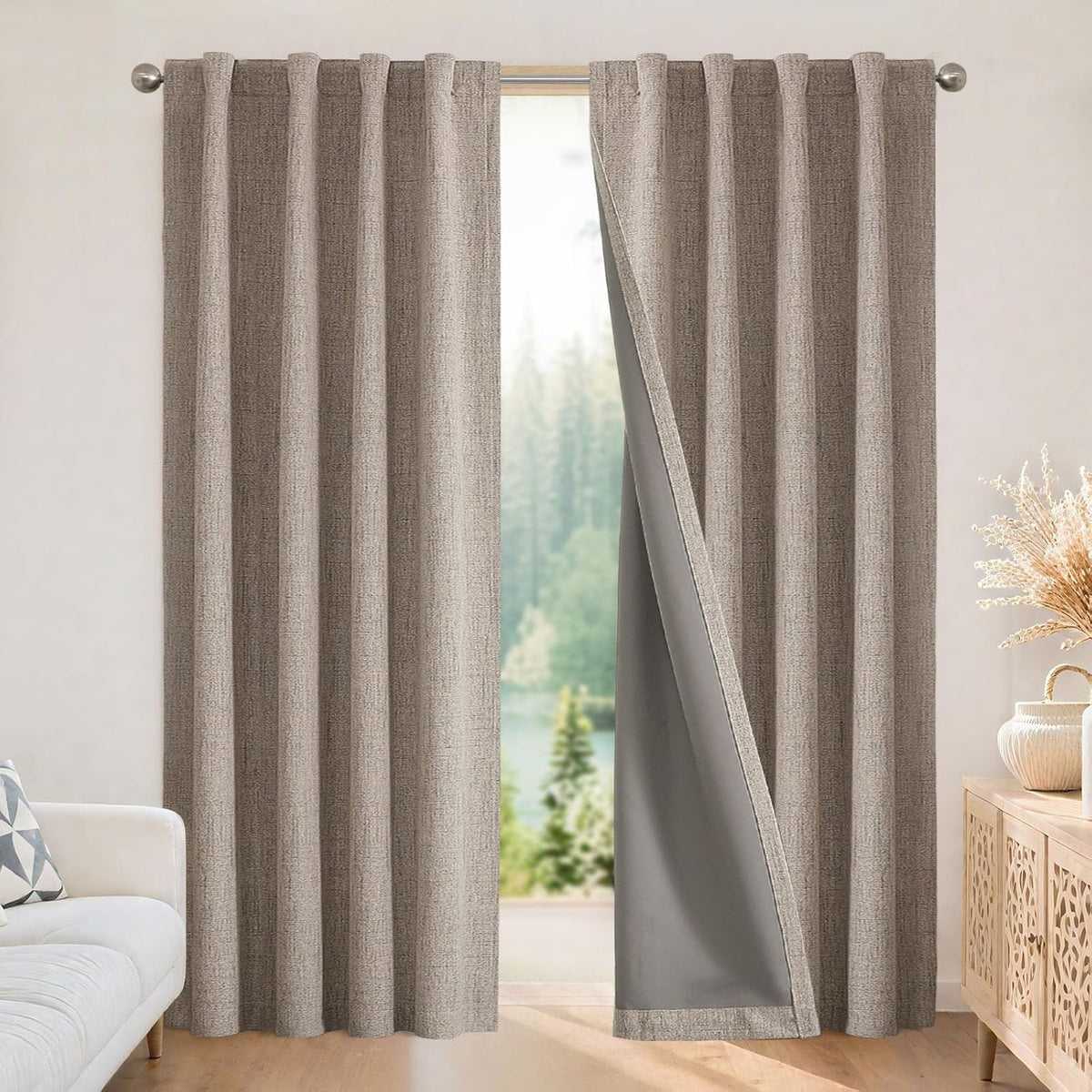 Joydeco Blackout Curtains for Bedroom - Natural Linen Curtains 37 X 72 inch, Thermal Insulated 100% Blackout 2 Panels Light Blocking Drapes, Rod Pocket & Back Tabs, Darkening Privacy for Living Room