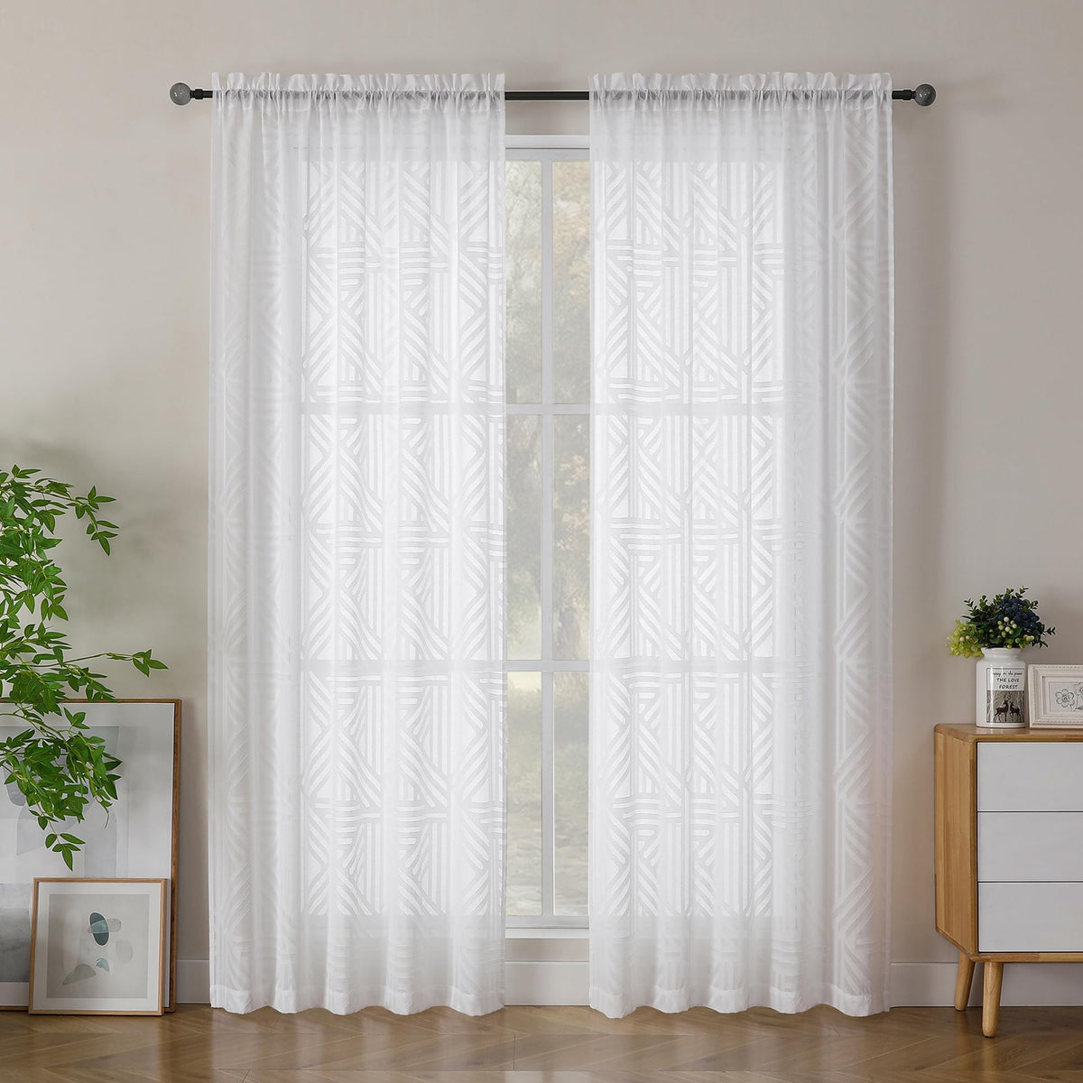Simplebrand Dusty Blue Semi Sheer Curtains 45 Inch Length 2 Panels, Geometric Jacquard Clip Textured Short Sheer Curtains for Bedroom，Modern Elegant Window Curtains Drapes/Treatment Sheer，42x45 inch