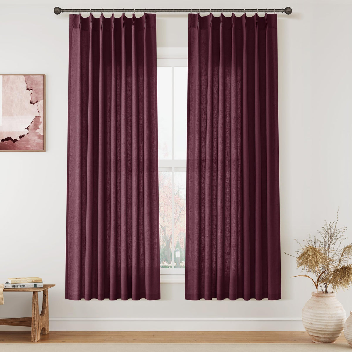 Aersas Linen Pinch Pleated Curtains 84 Inch Length 2 Panels Set for Living Room Cream Semi Sheer Window Curtain for Bedroom Boho Farmhouse Neutral Back Tab Drape Decor with Hooks, Natural Beige Ivory