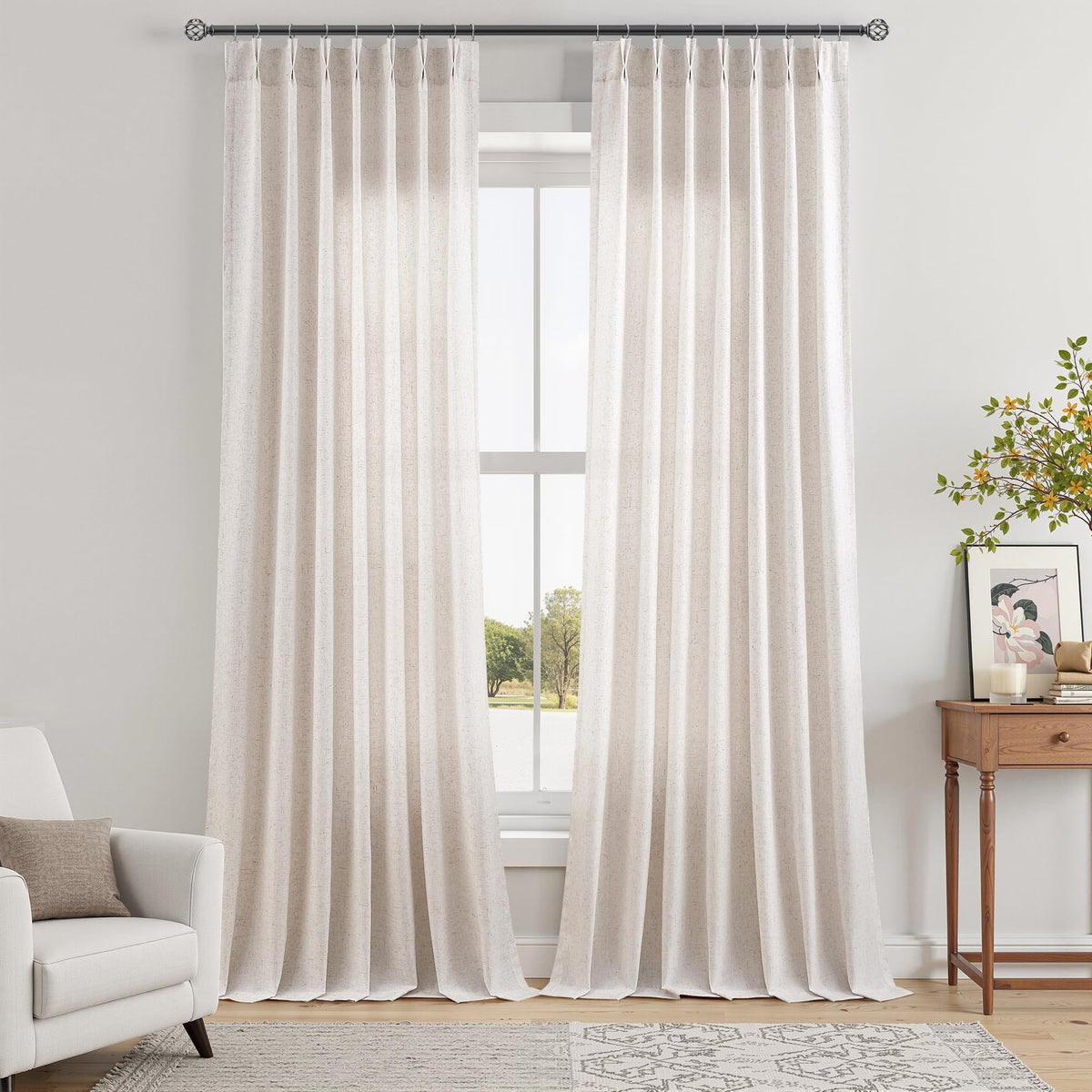 Aersas Linen Pinch Pleated Curtains 84 Inch Length 2 Panels Set for Living Room Cream Semi Sheer Window Curtain for Bedroom Boho Farmhouse Neutral Back Tab Drape Decor with Hooks, Natural Beige Ivory