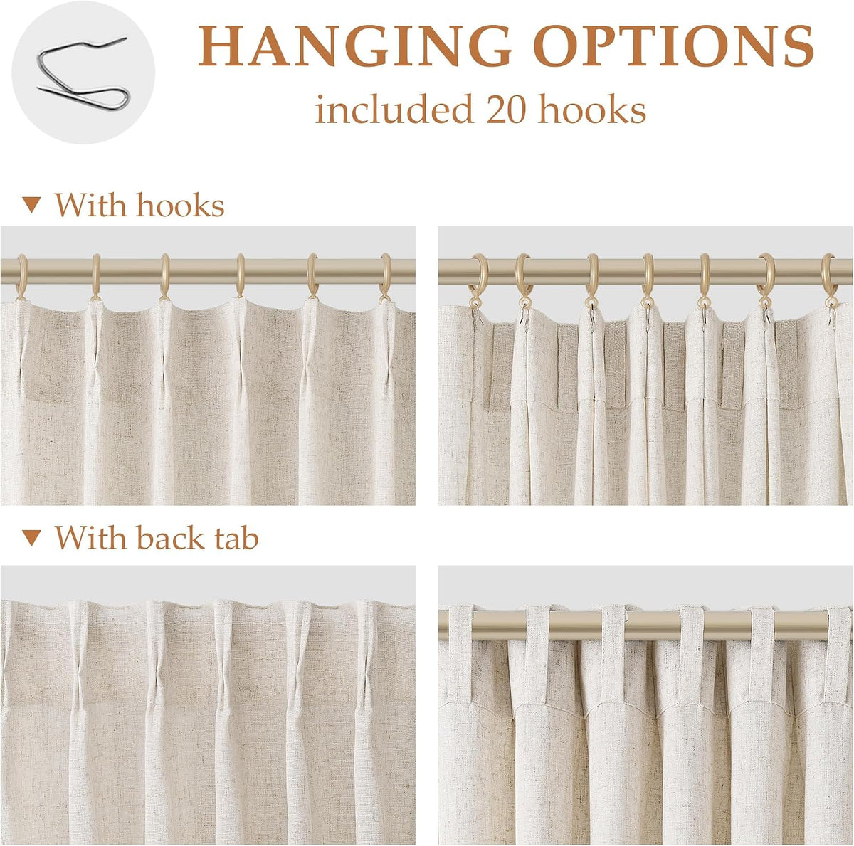 Aersas Linen Pinch Pleated Curtains 84 Inch Length 2 Panels Set for Living Room Cream Semi Sheer Window Curtain for Bedroom Boho Farmhouse Neutral Back Tab Drape Decor with Hooks, Natural Beige Ivory