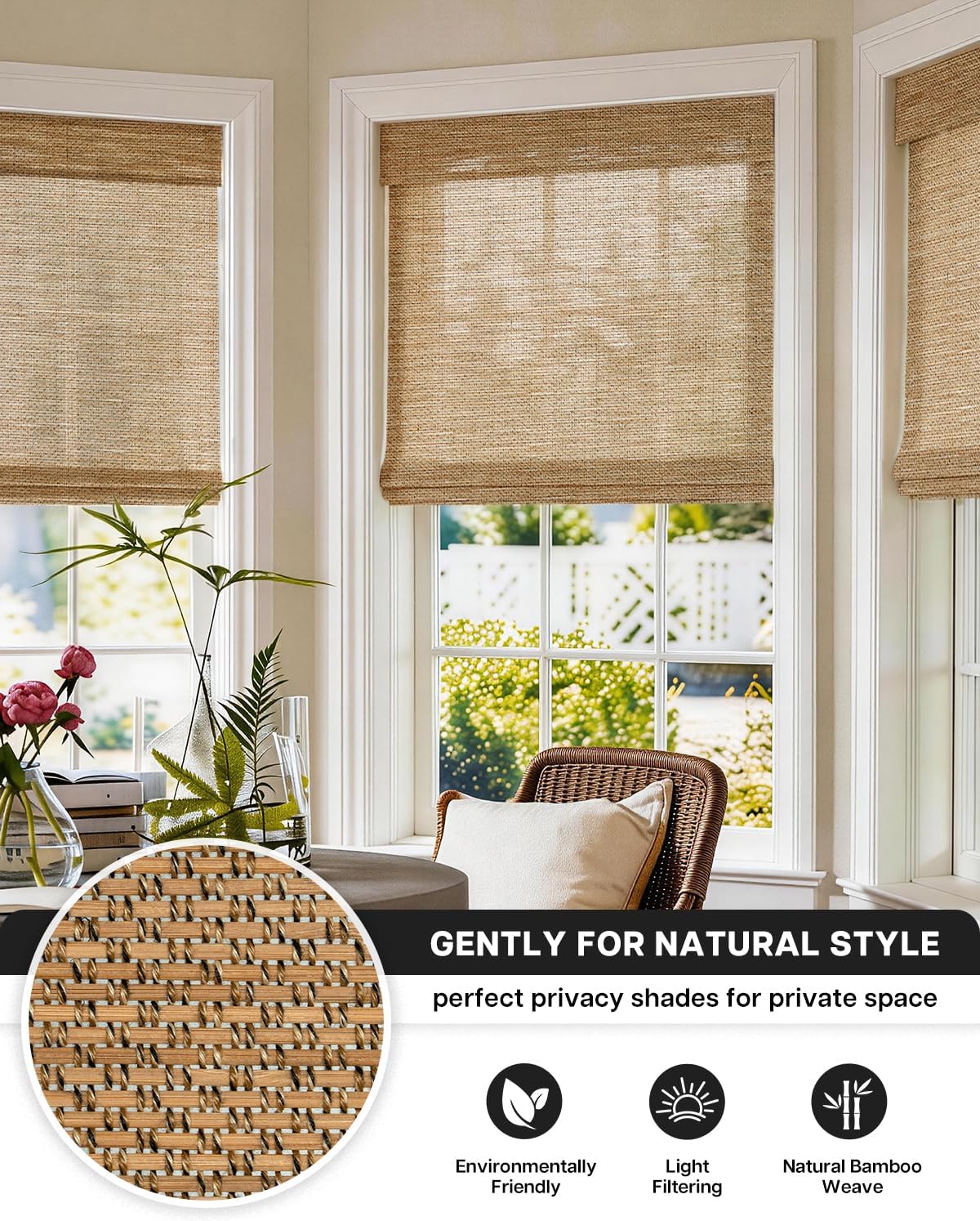 LazBlinds No Drill Bamboo Roman Shades, 22" W x 48" H, Star-Brown