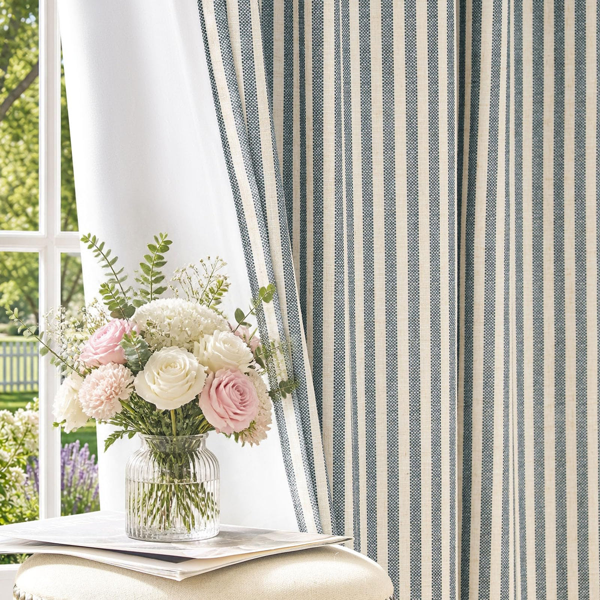 jinchan Linen Curtains 84 Inch Taupe Stripe on Linen Grommet 2 Panels