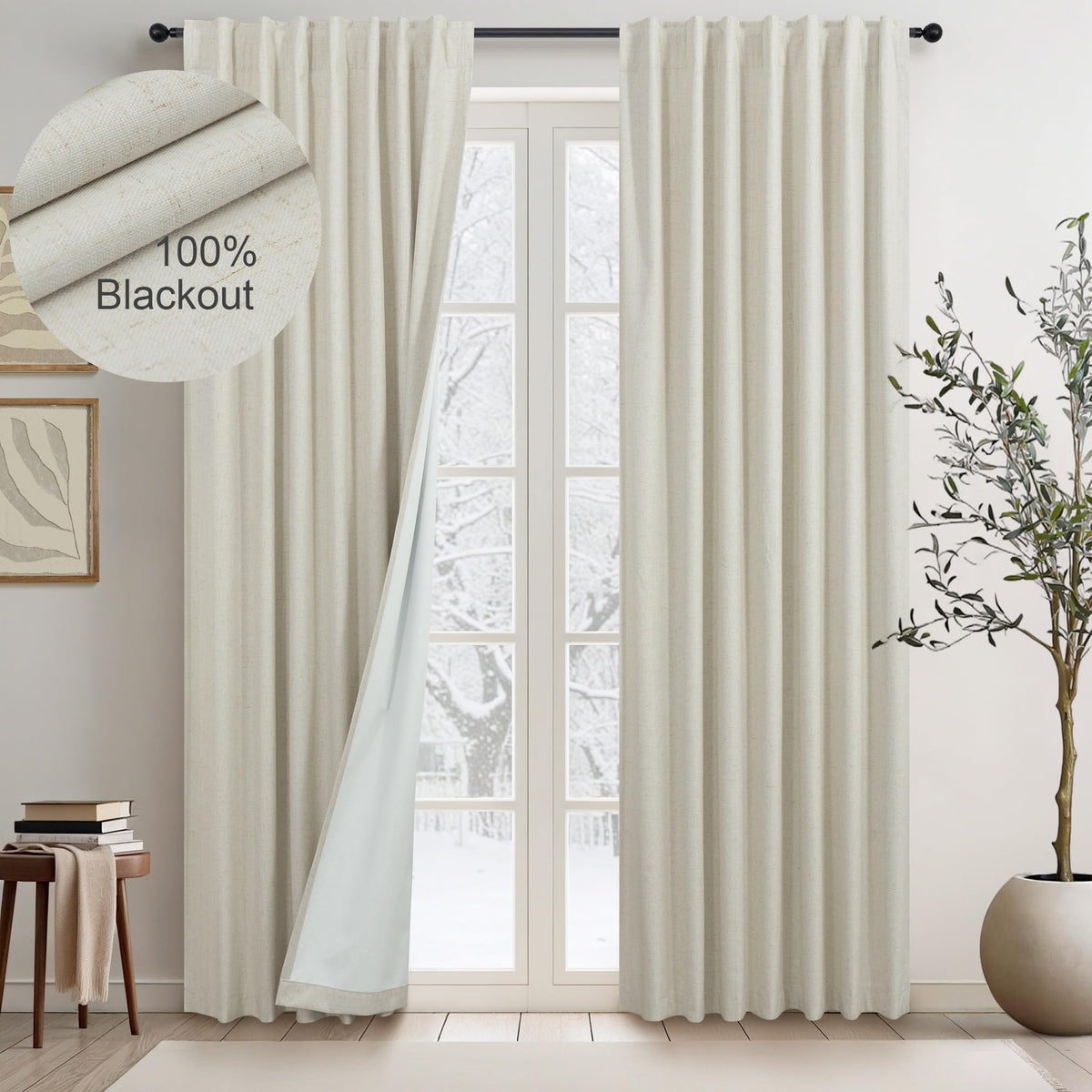 Natural Linen Back Tab Blackout Curtains & Drapes 96 Inch Long for Bedroom Livingroom Farmhouse Curtain 2 Panel Neutral Cute Black Out Room Darkening Thermal Insulated 8ft Pleated Window Curtain Cream
