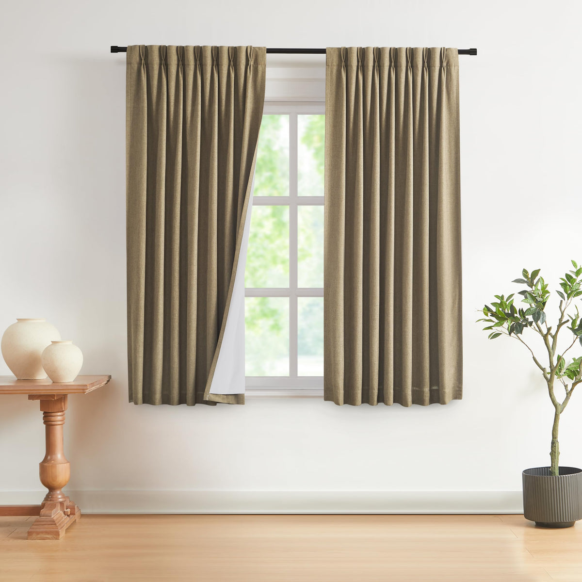 Vision Home Natural Pinch Pleated Full Blackout Curtains Linen Blended Room Darkening Window Curtains 108 inch for Living Room Bedroom Thermal Insulated Pinch Pleat Drapes with Hooks 40" Wx108 Lx2